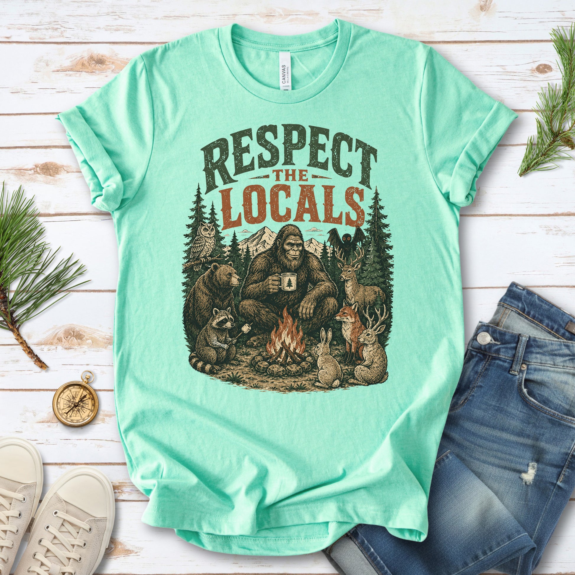 Respect the Locals Campfire Bigfoot Cryptid Wildlife Camping T-Shirt