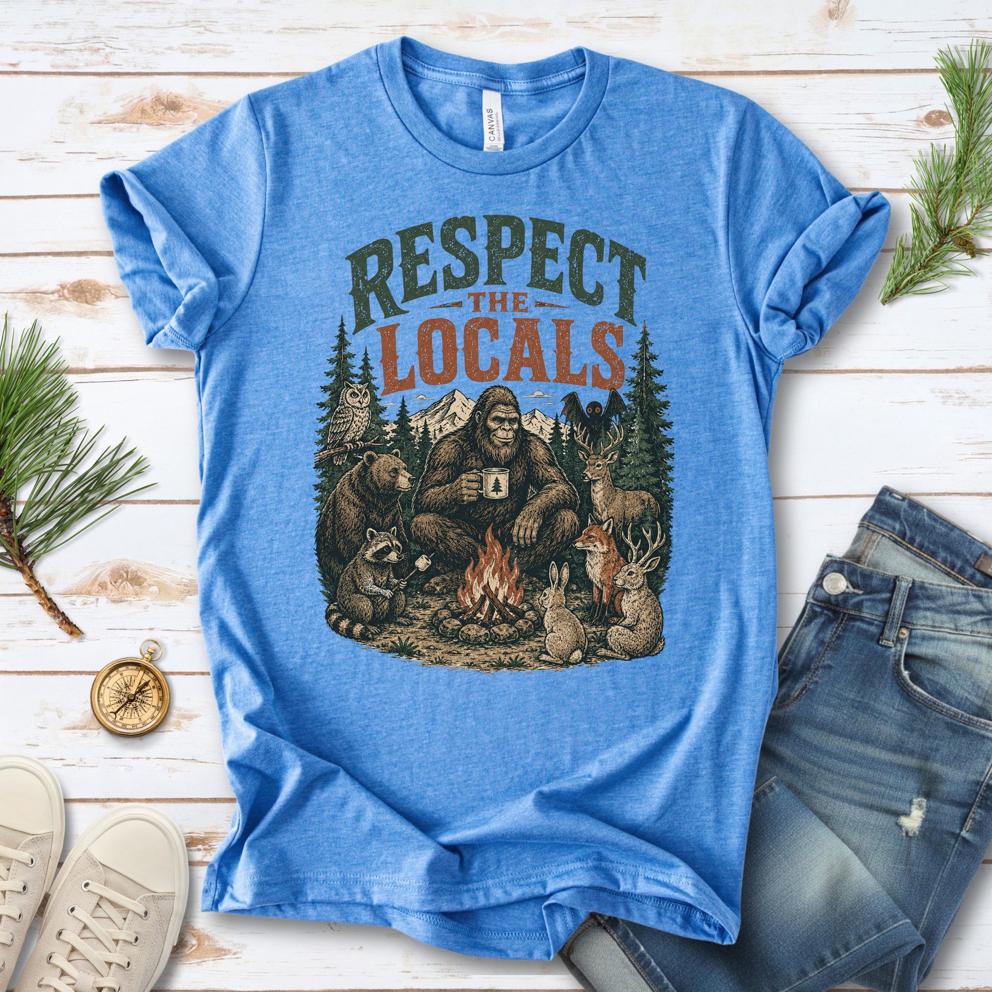 Respect the Locals Campfire Bigfoot Cryptid Wildlife Camping T-Shirt