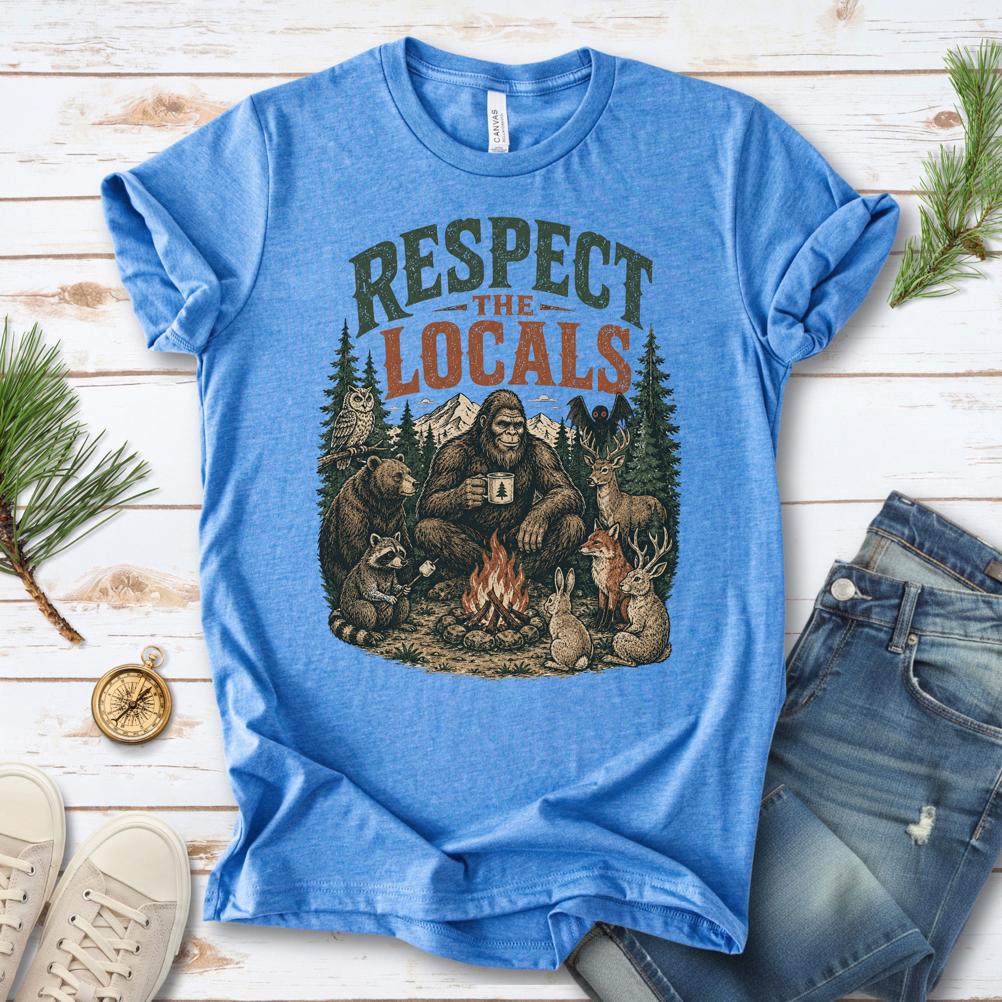 Respect the Locals Campfire Bigfoot Cryptid Wildlife Camping T-Shirt