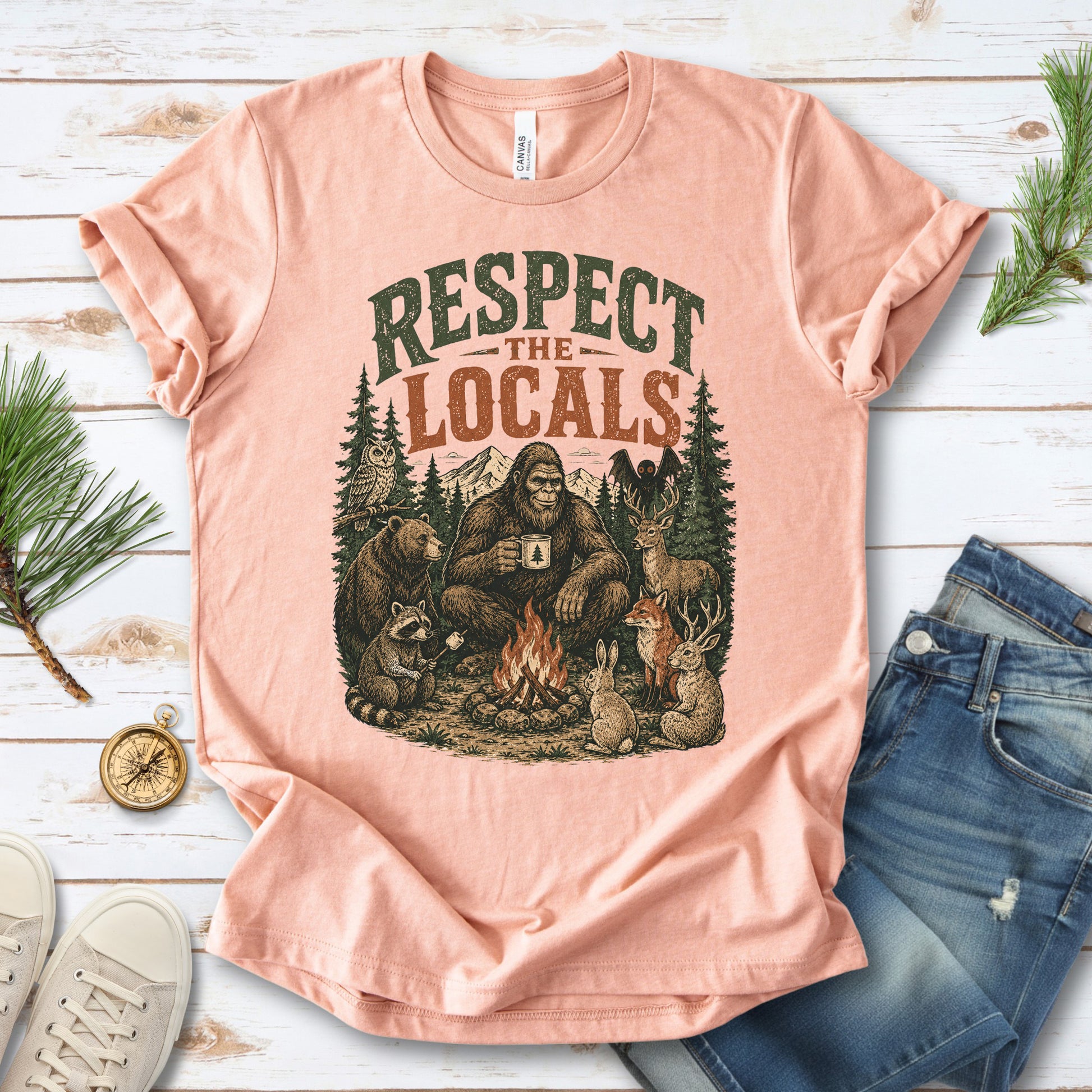 Respect the Locals Campfire Bigfoot Cryptid Wildlife Camping T-Shirt