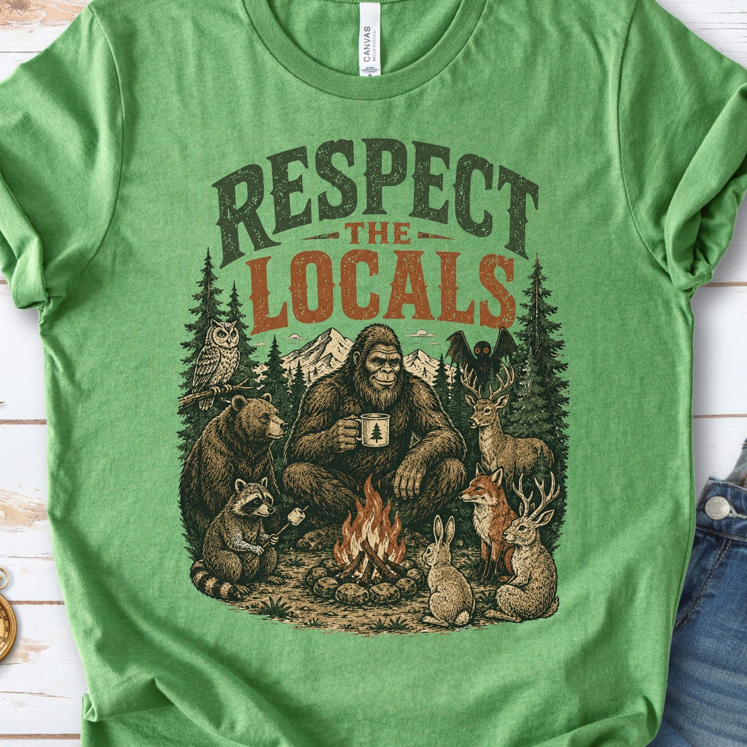 Respect the Locals Campfire Bigfoot Cryptid Wildlife Camping T-Shirt
