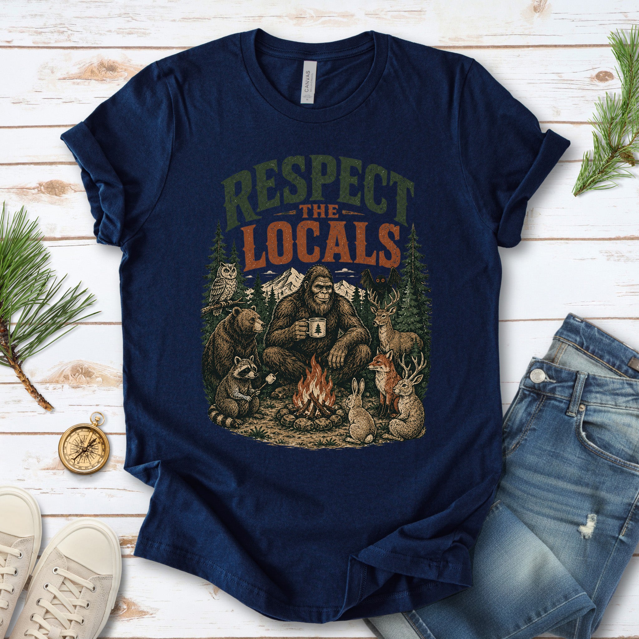 Respect the Locals Campfire Bigfoot Cryptid Wildlife Camping T-Shirt