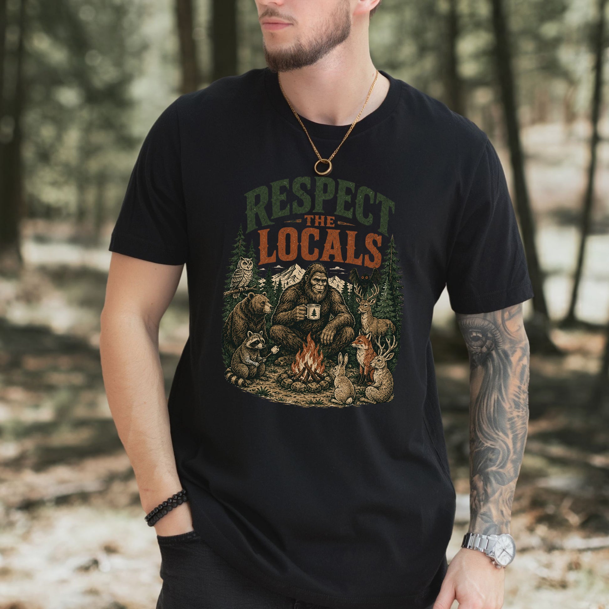 Respect the Locals Campfire Bigfoot Cryptid Wildlife Camping T-Shirt