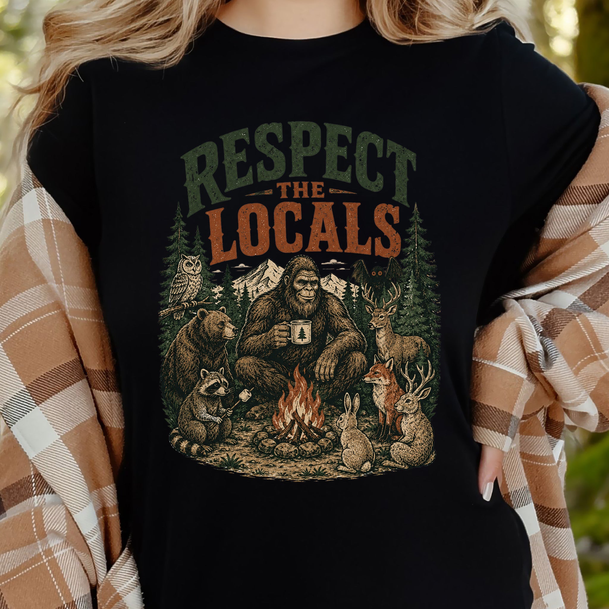 Respect the Locals Campfire Bigfoot Cryptid Wildlife Camping T-Shirt