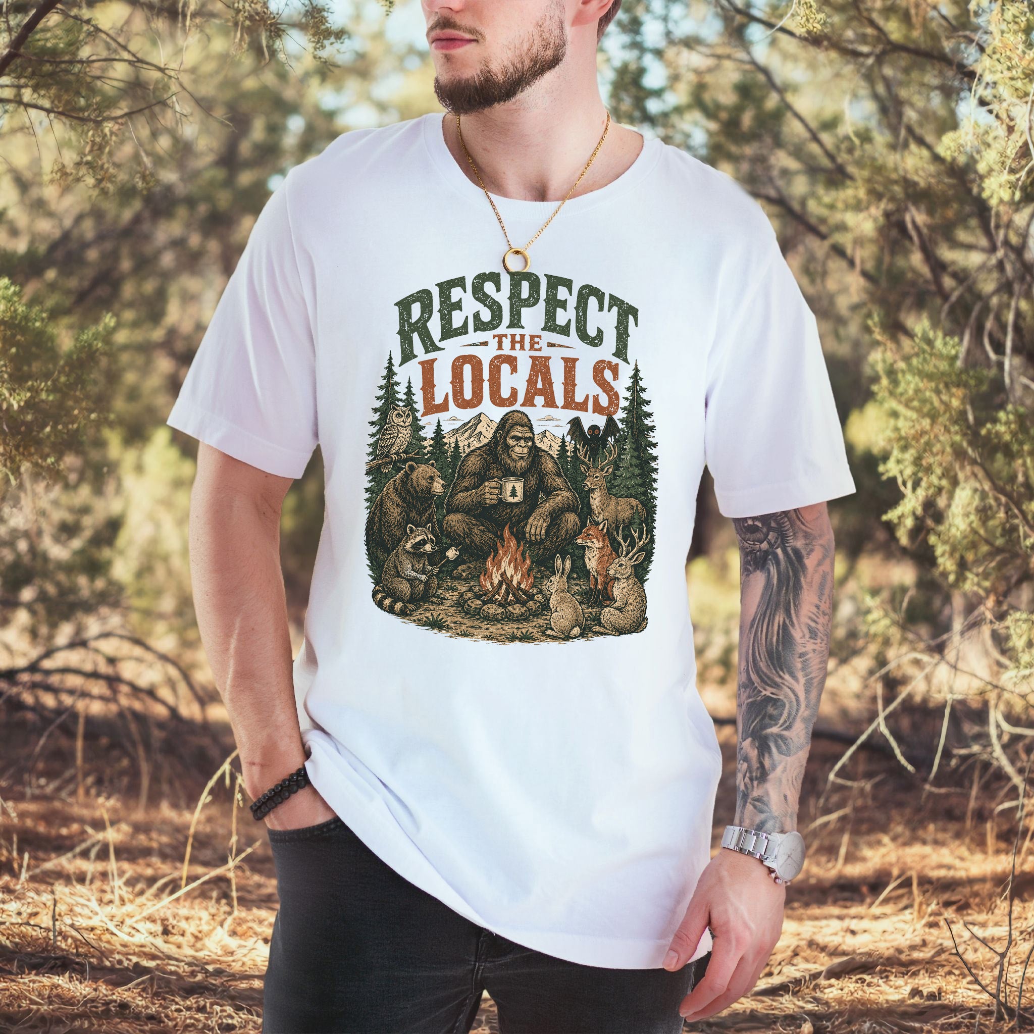 Respect the Locals Campfire Bigfoot Cryptid Wildlife Camping T-Shirt
