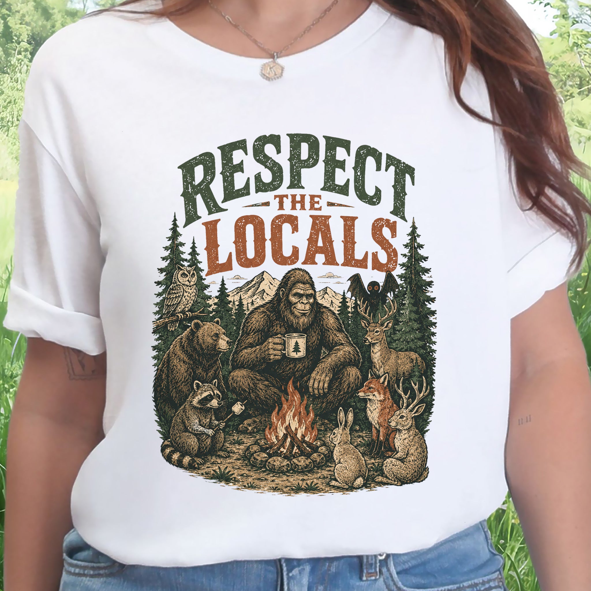 Respect the Locals Campfire Bigfoot Cryptid Wildlife Camping T-Shirt