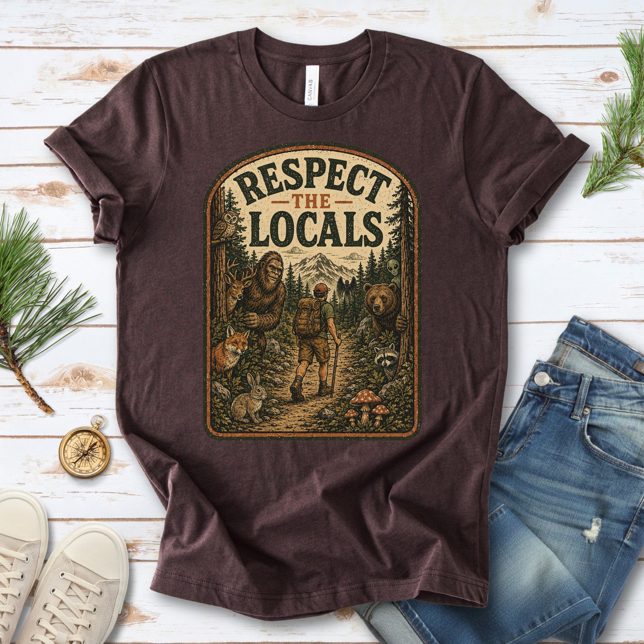 Respect the Locals Forest Trail Bigfoot Cryptid Hiking T-Shirt