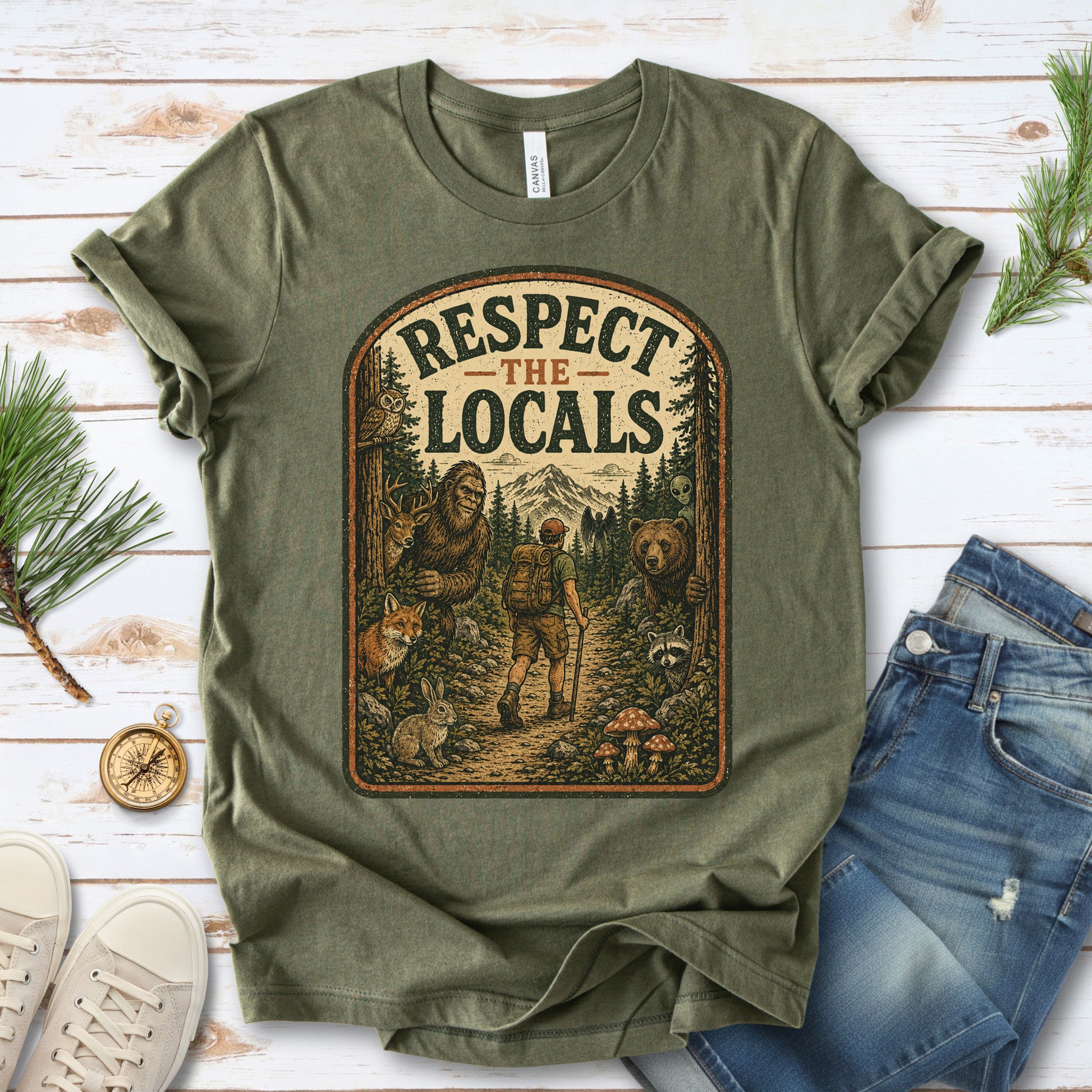 Respect the Locals Forest Trail Bigfoot Cryptid Hiking T-Shirt
