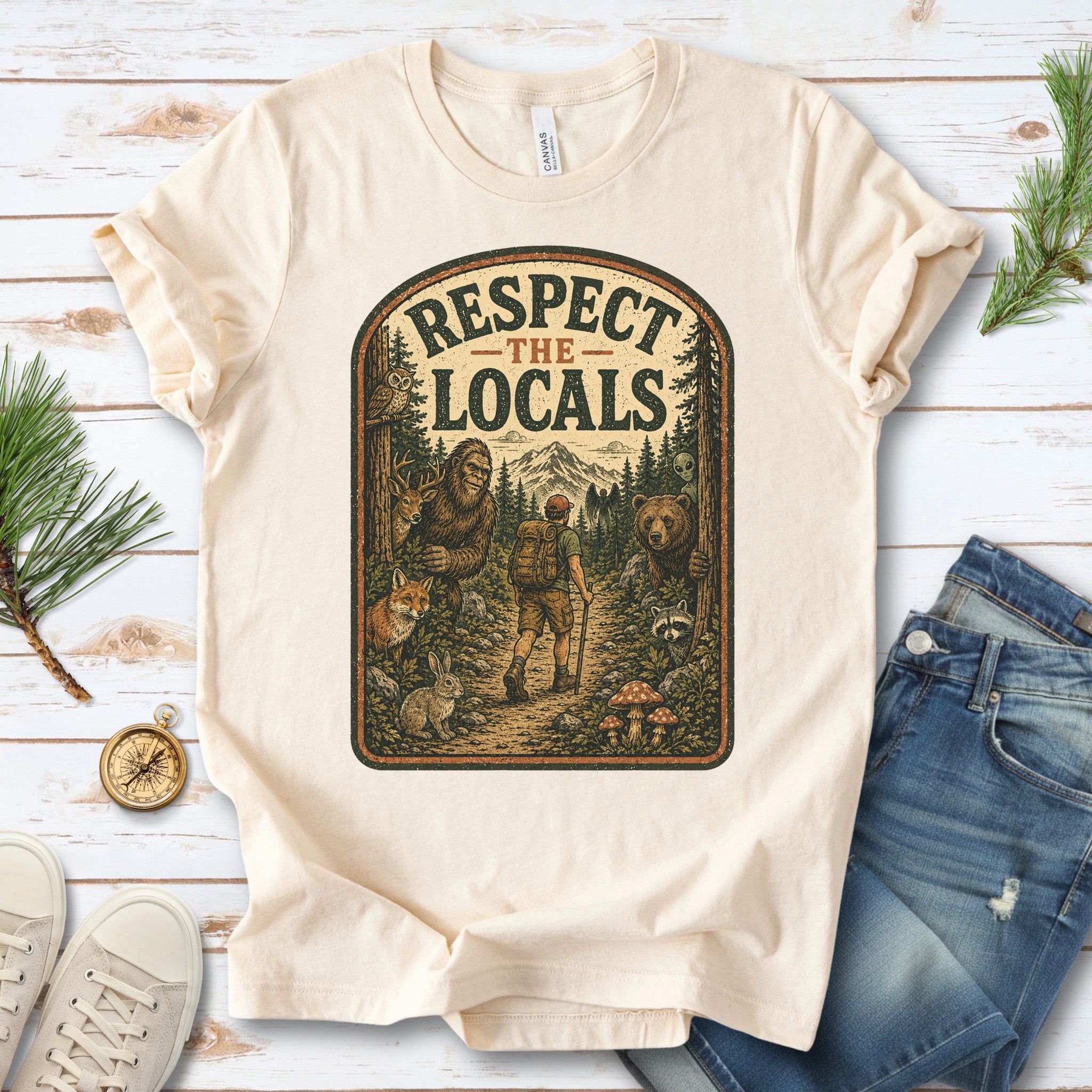 Respect the Locals Forest Trail Bigfoot Cryptid Hiking T-Shirt