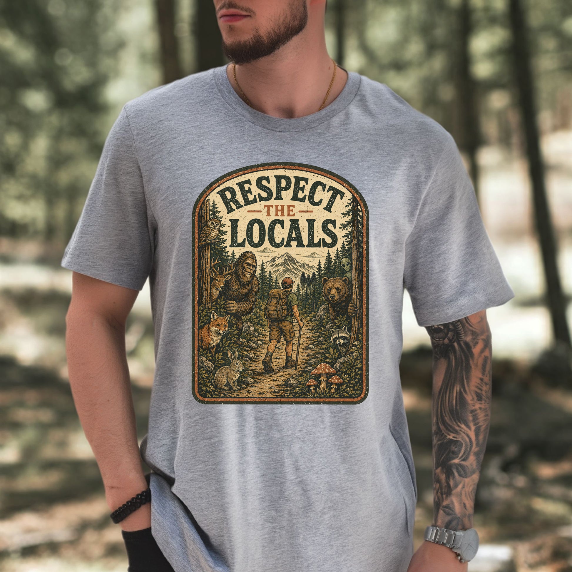 Respect the Locals Forest Trail Bigfoot Cryptid Hiking T-Shirt