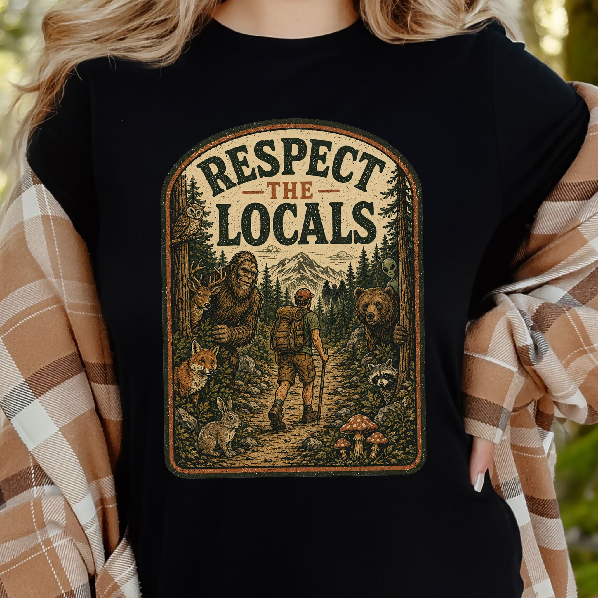 Respect the Locals Forest Trail Bigfoot Cryptid Hiking T-Shirt