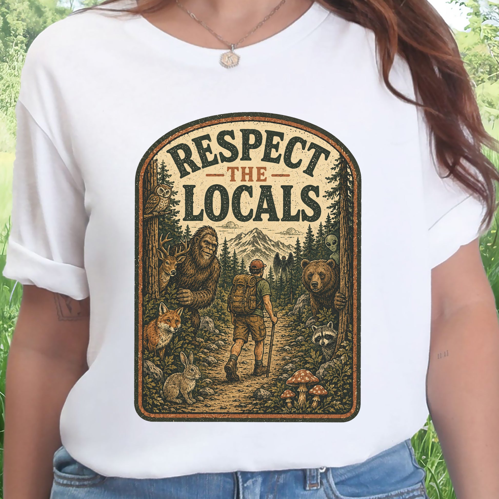 Respect the Locals Forest Trail Bigfoot Cryptid Hiking T-Shirt