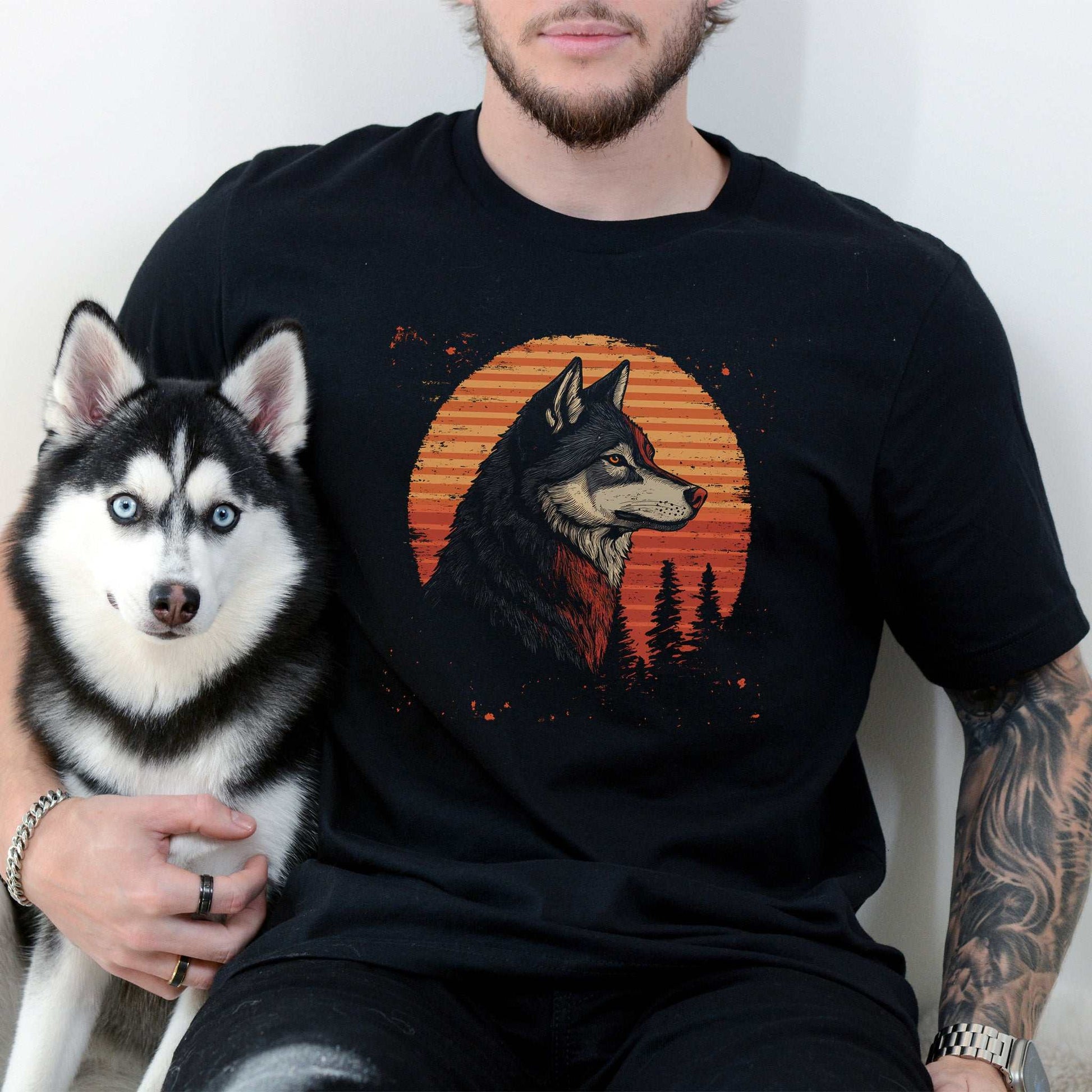 Retro Wolf & Forest Sunset T-Shirt