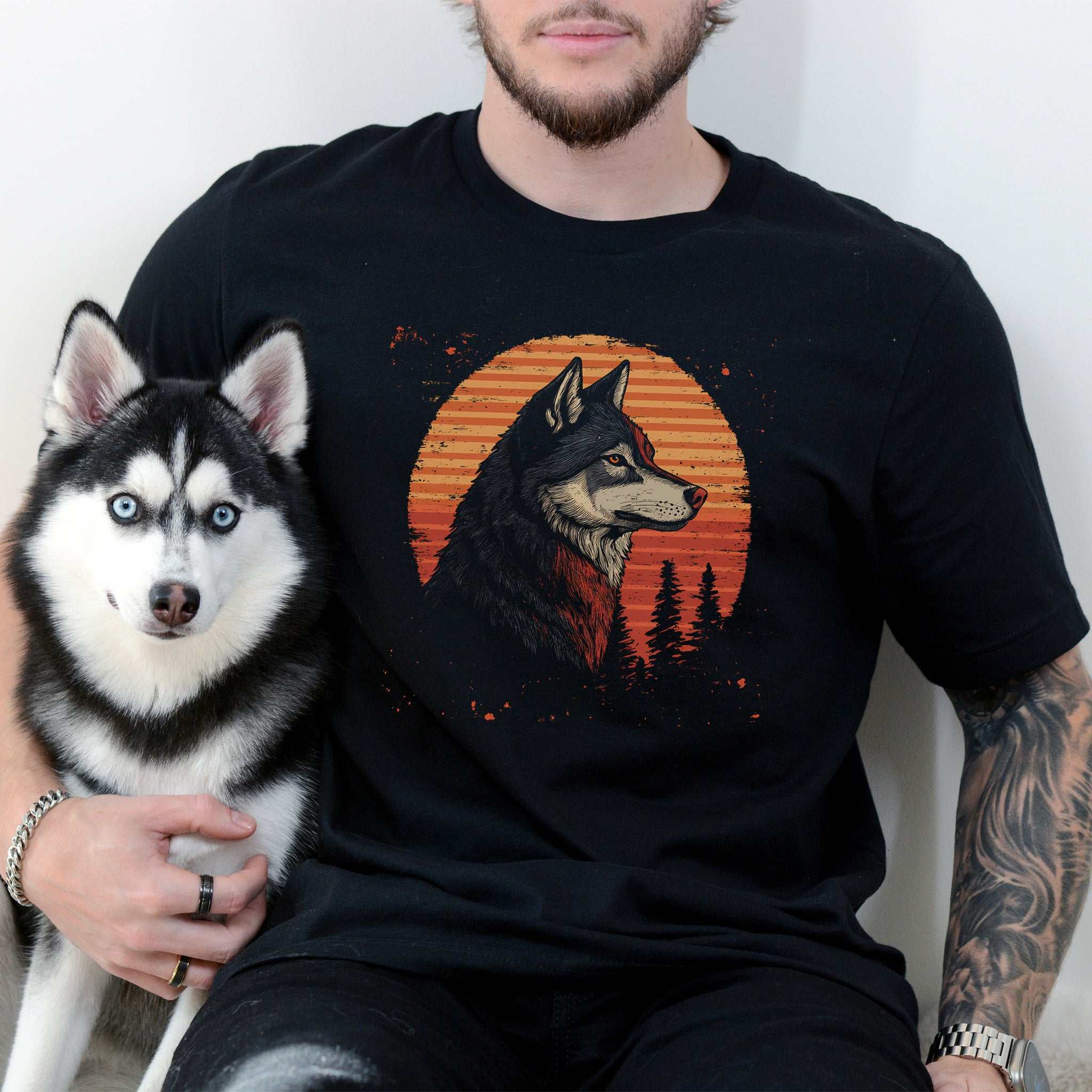 Retro Wolf & Forest Sunset T-Shirt