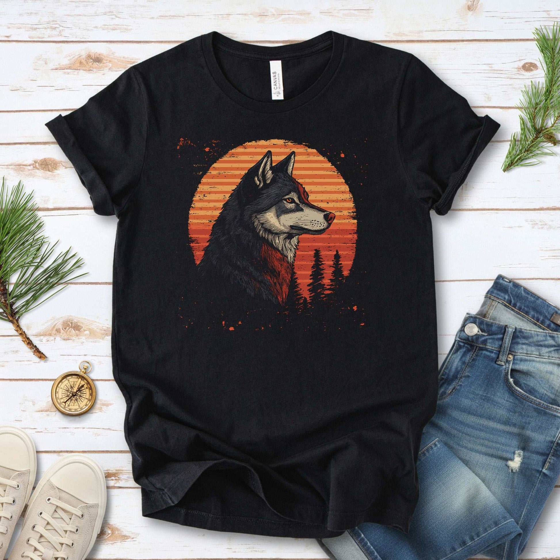 Retro Wolf & Forest Sunset T-Shirt