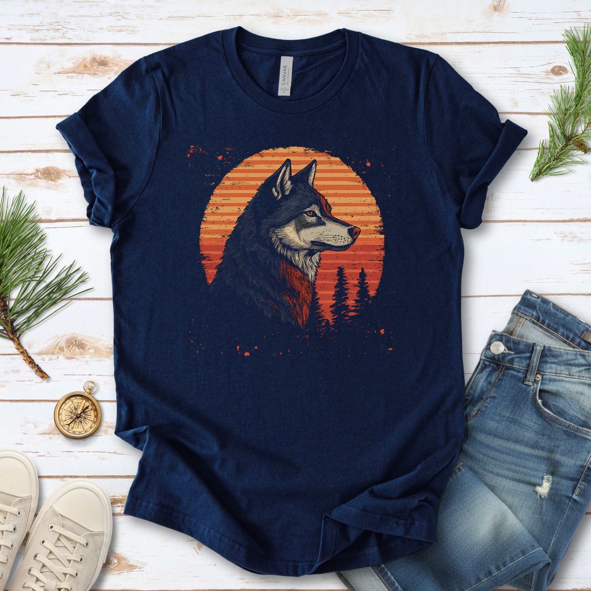 Retro Wolf & Forest Sunset T-Shirt