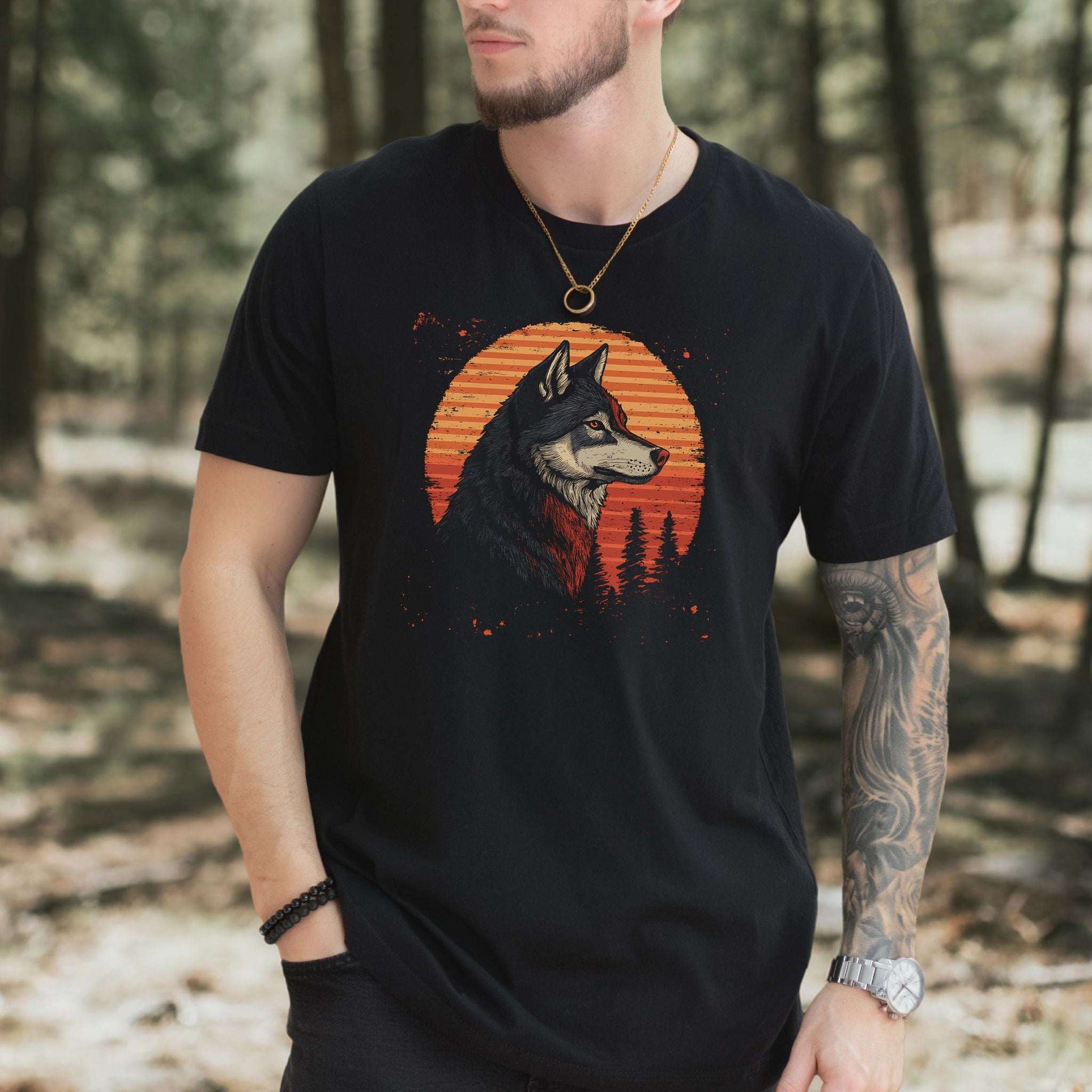 Retro Wolf & Forest Sunset T-Shirt