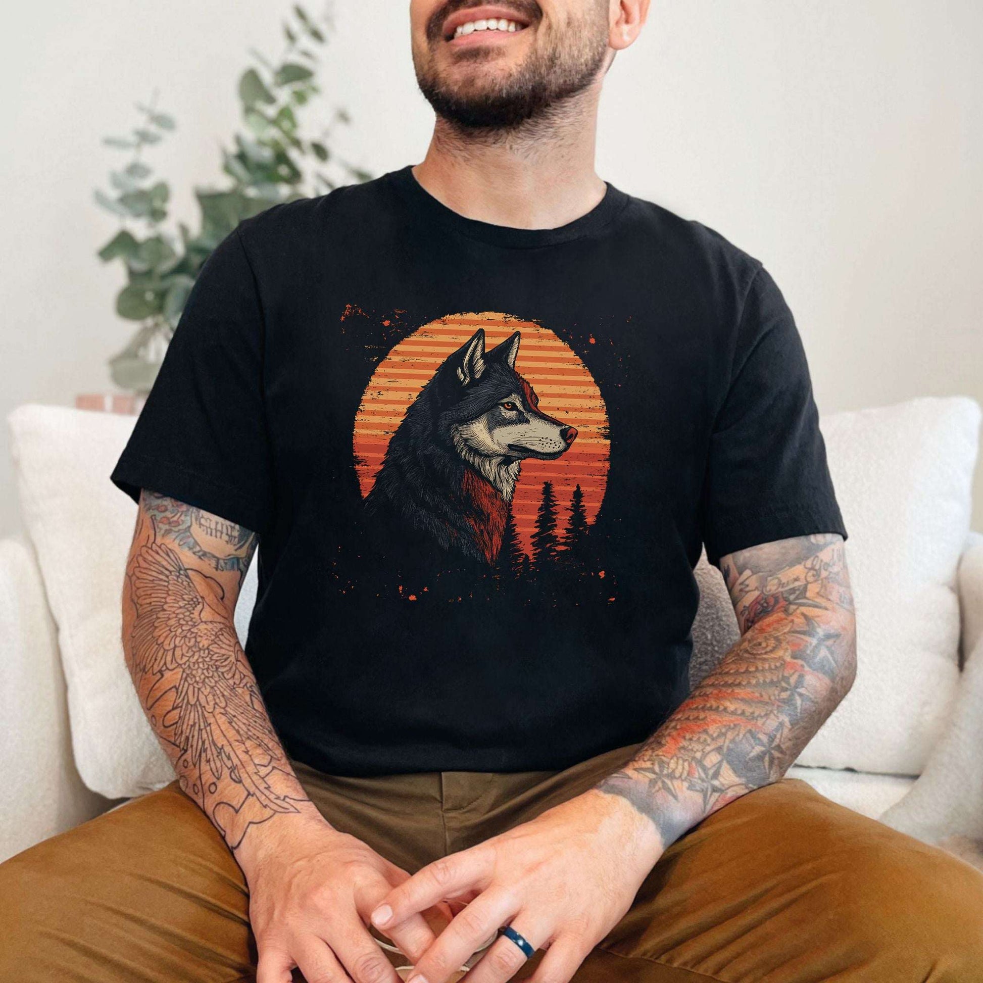 Retro Wolf & Forest Sunset T-Shirt