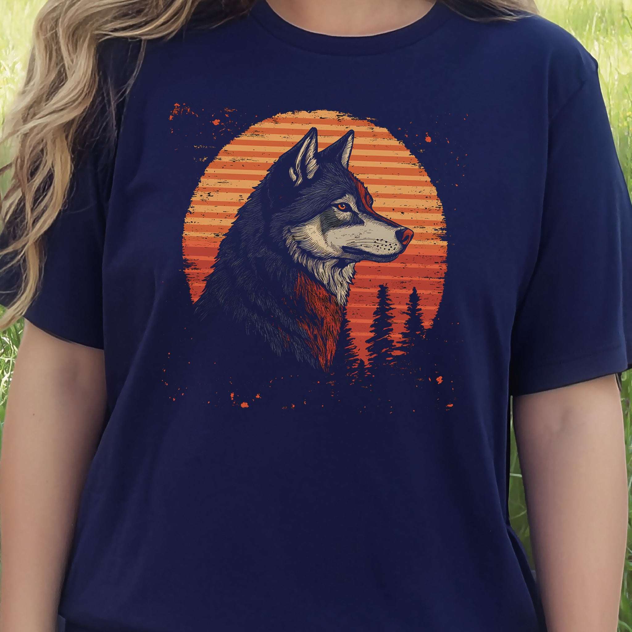 Retro Wolf & Forest Sunset T-Shirt