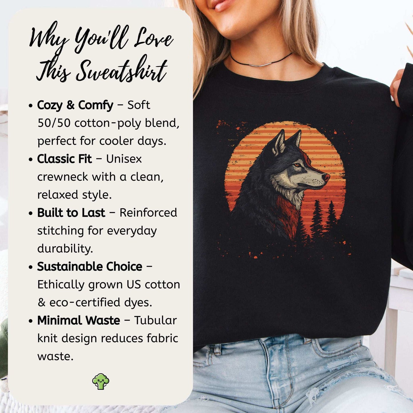 Retro Wolf Sweatshirt – Forest Sunset Spirit Animal with Vintage Vibes