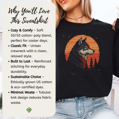 Retro Wolf Sweatshirt – Forest Sunset Spirit Animal with Vintage Vibes