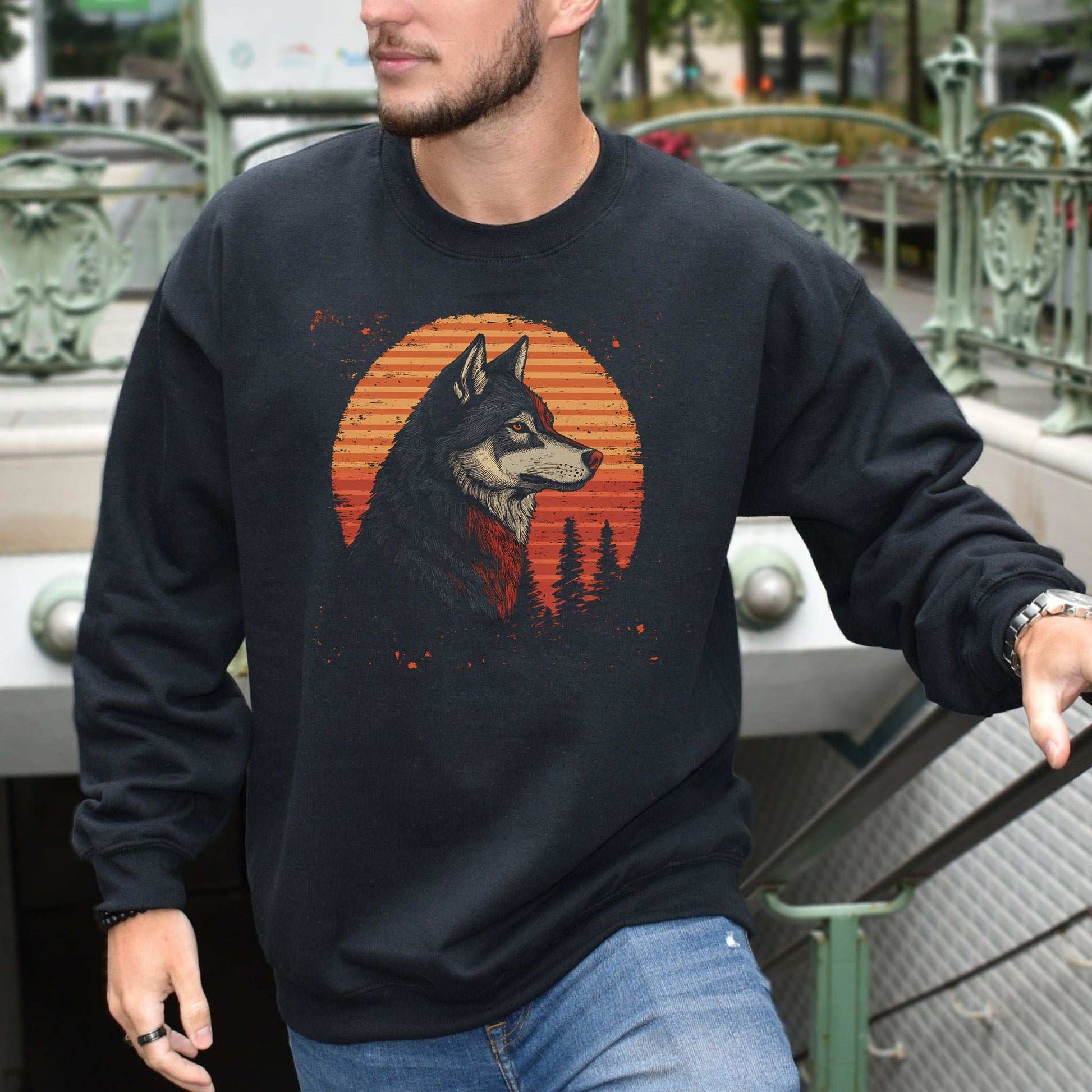 Retro Wolf Sweatshirt – Forest Sunset Spirit Animal with Vintage Vibes