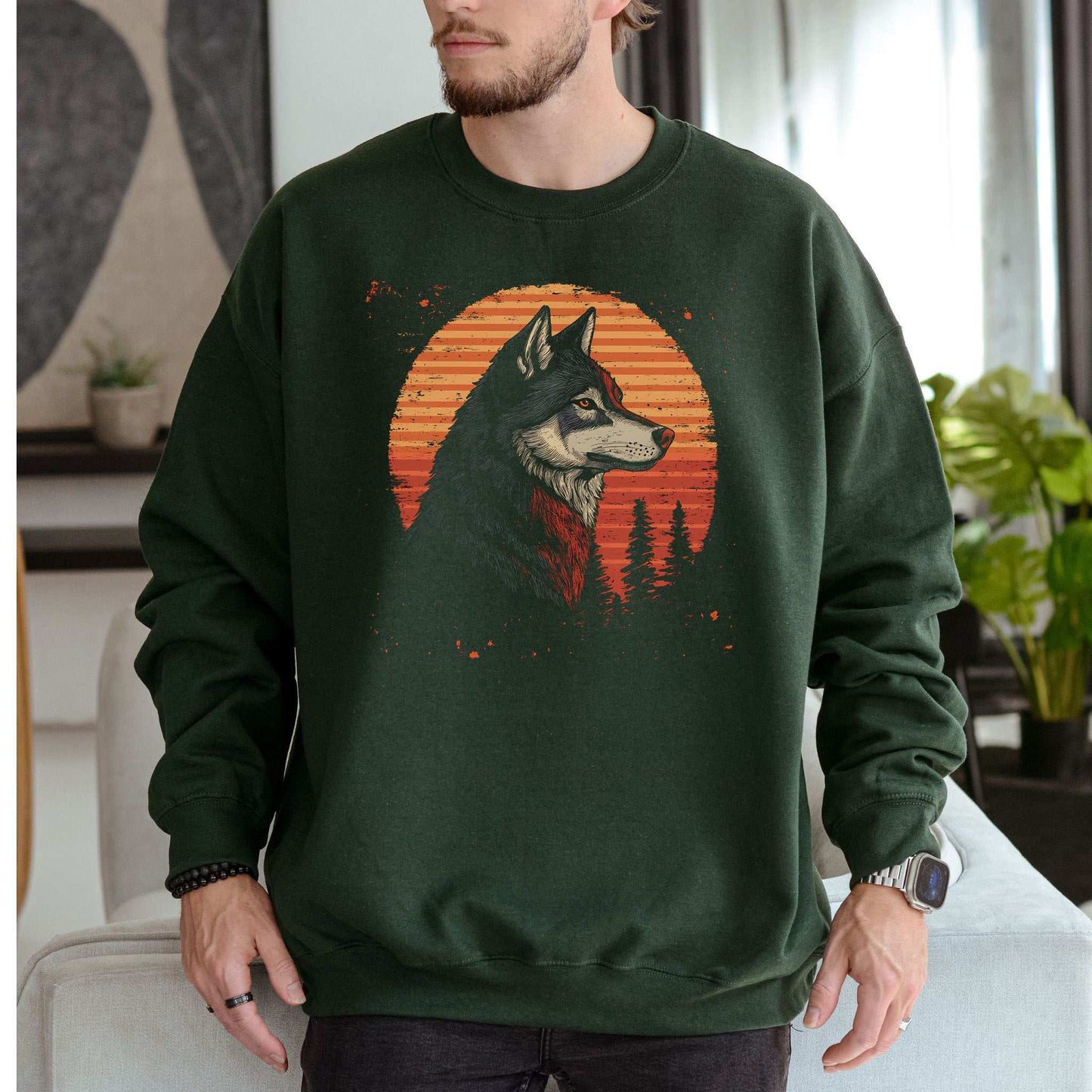 Retro Wolf Sweatshirt – Forest Sunset Spirit Animal with Vintage Vibes