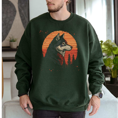 Retro Wolf Sweatshirt – Forest Sunset Spirit Animal with Vintage Vibes