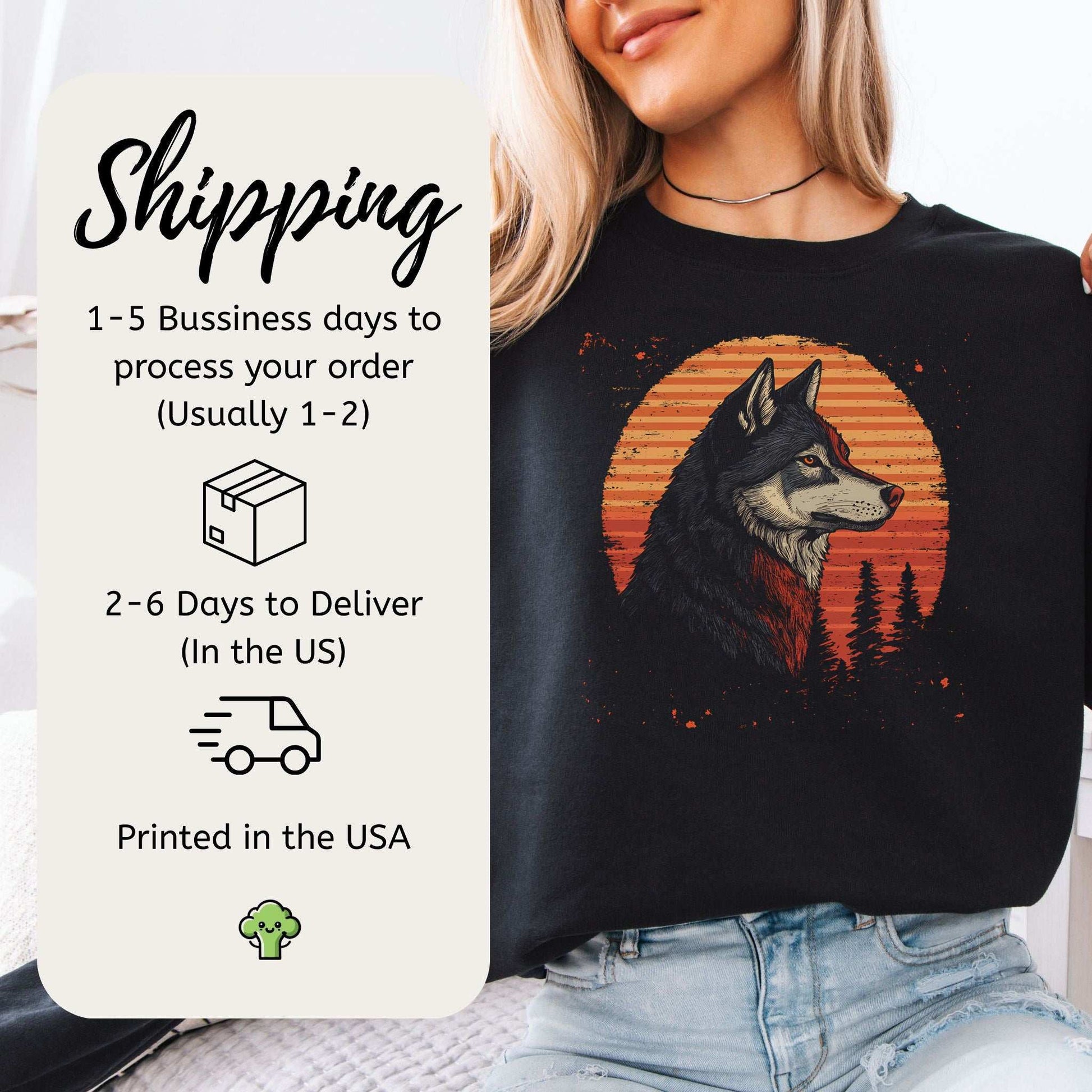 Retro Wolf Sweatshirt – Forest Sunset Spirit Animal with Vintage Vibes