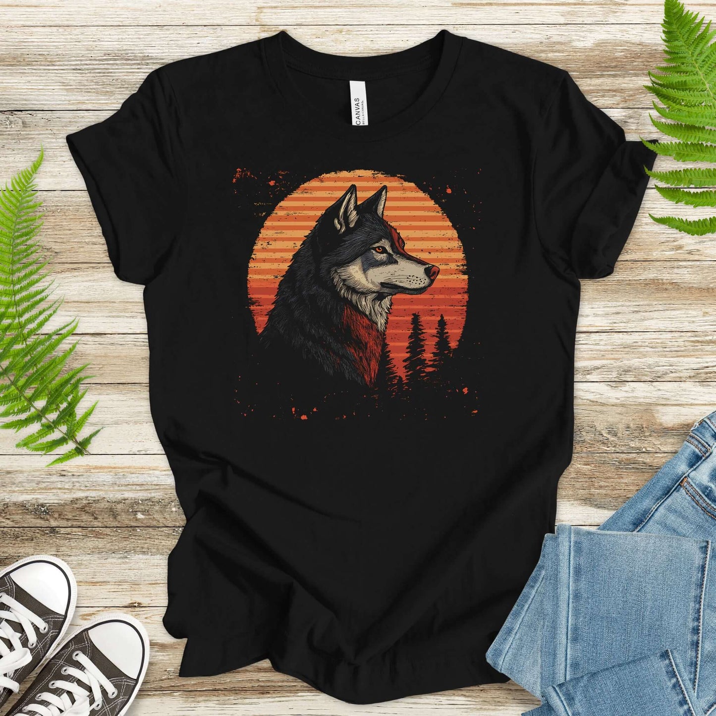 Retro Wolf & Forest Sunset T-Shirt
