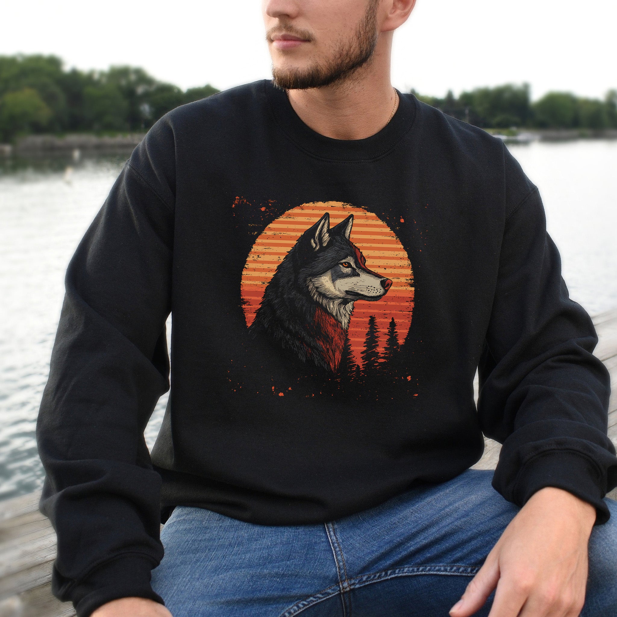 Retro Wolf Sweatshirt – Forest Sunset Spirit Animal with Vintage Vibes