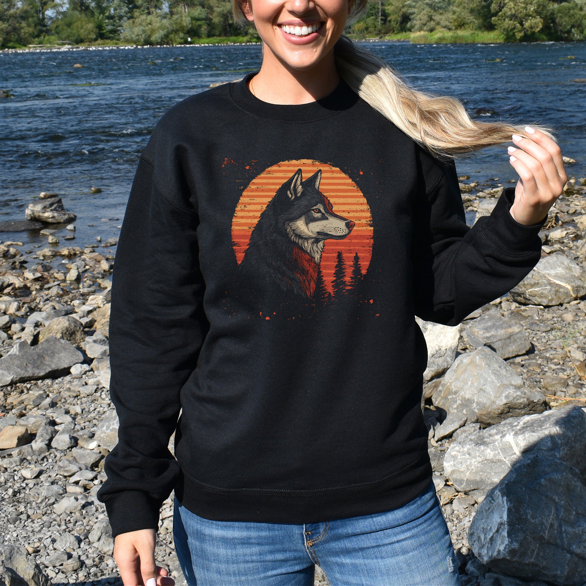 Retro Wolf Sweatshirt – Forest Sunset Spirit Animal with Vintage Vibes