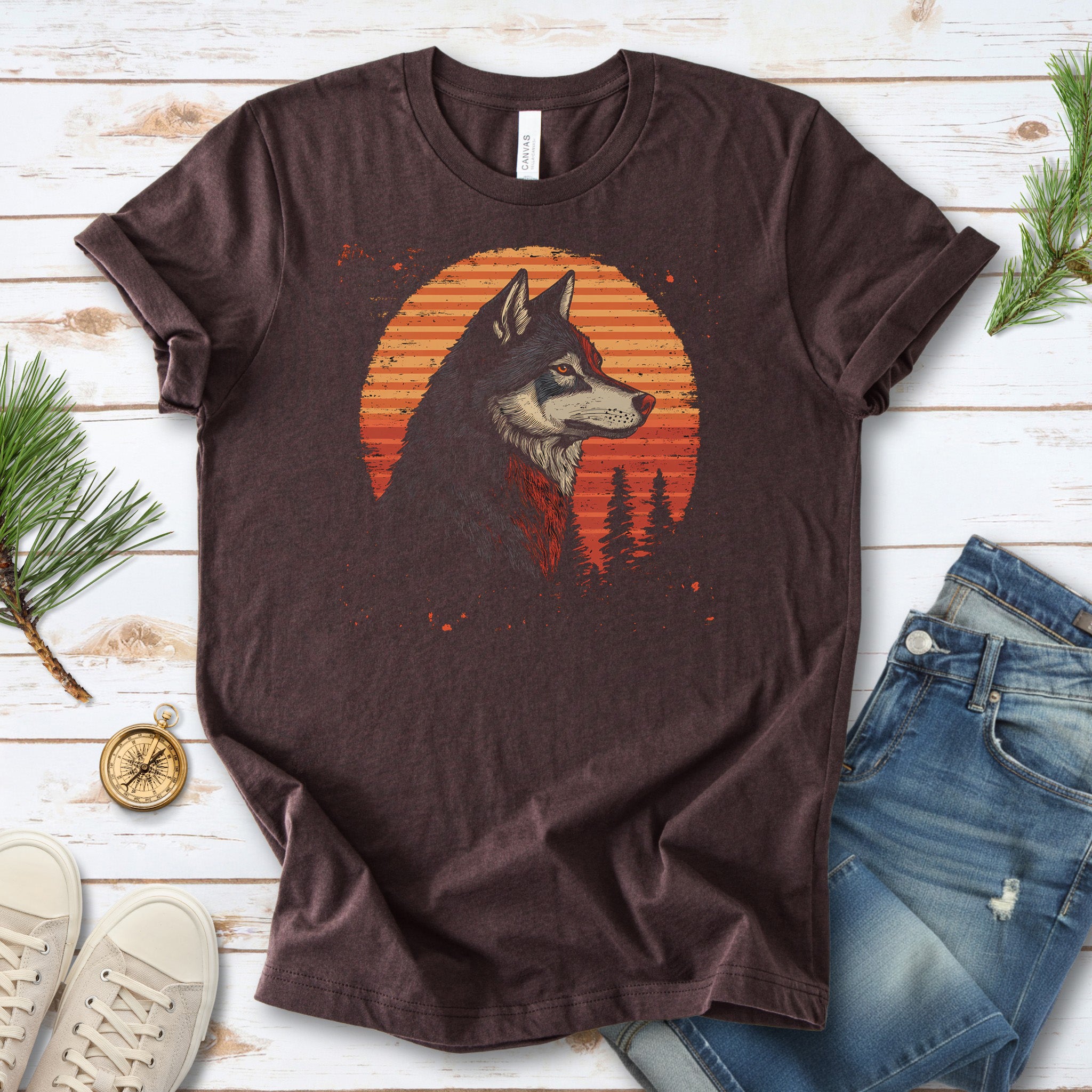 Retro Wolf & Forest Sunset T-Shirt