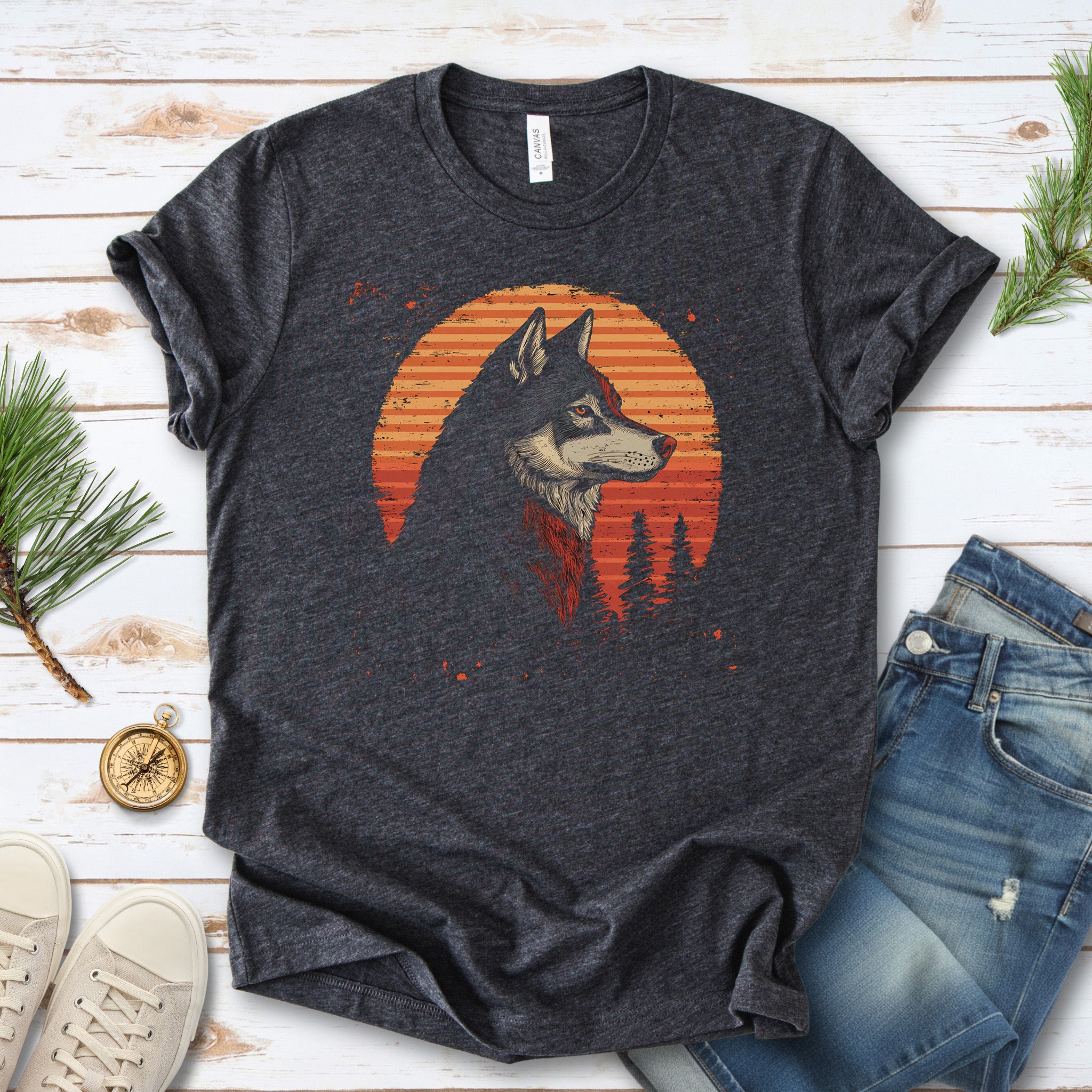 Retro Wolf & Forest Sunset T-Shirt