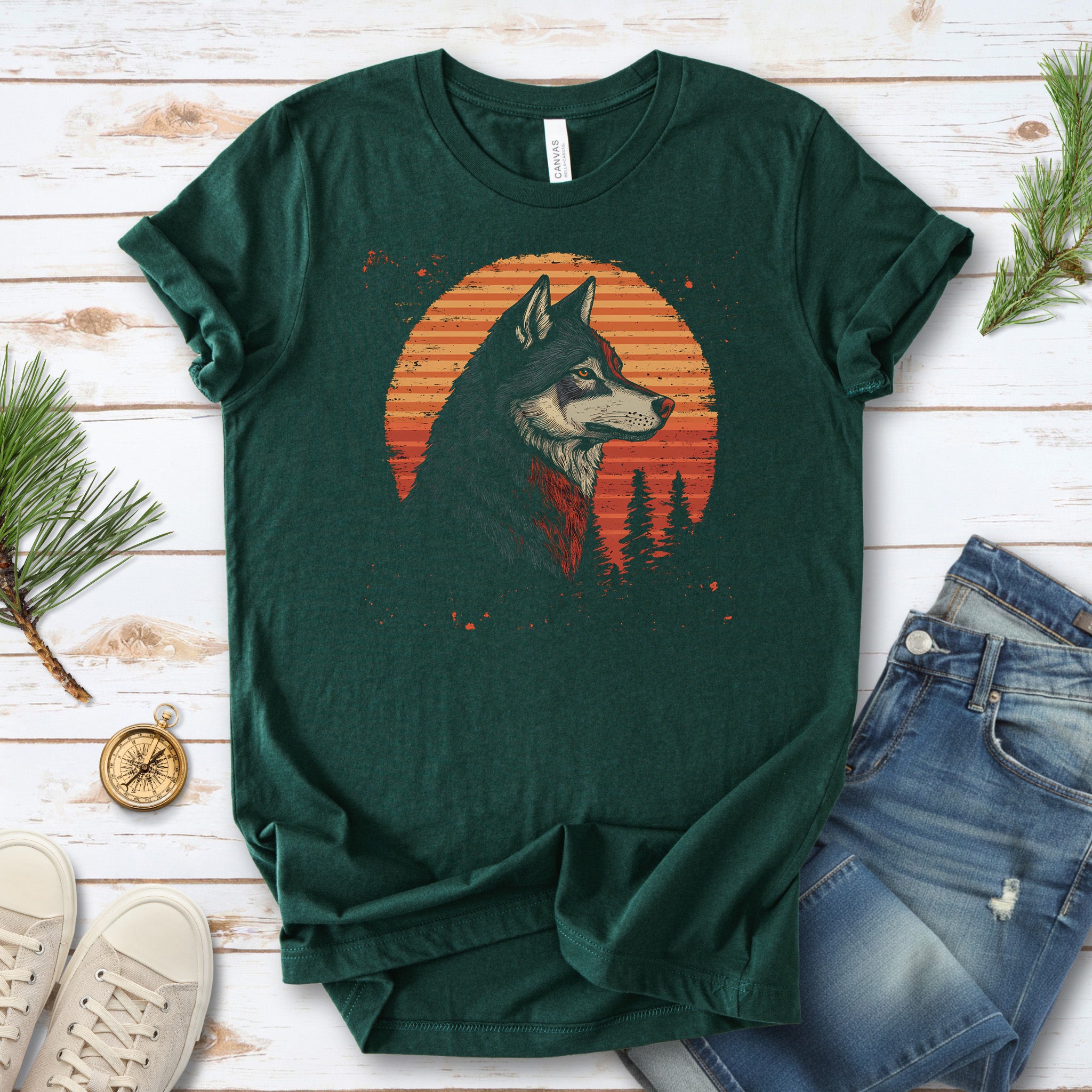 Retro Wolf & Forest Sunset T-Shirt