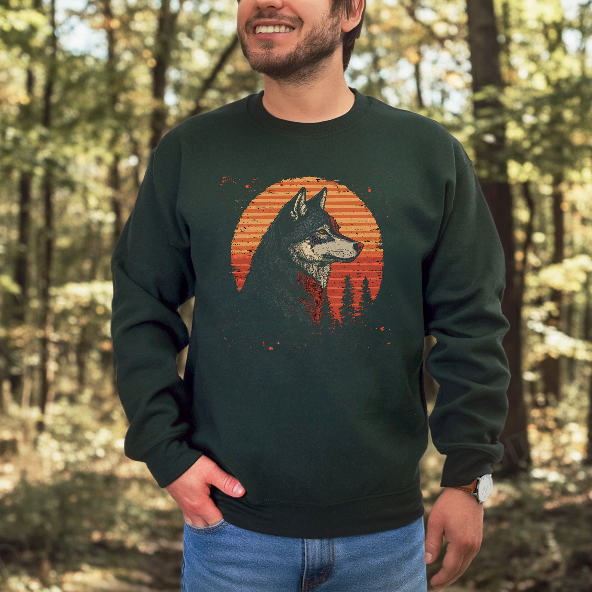 Retro Wolf Sweatshirt – Forest Sunset Spirit Animal with Vintage Vibes
