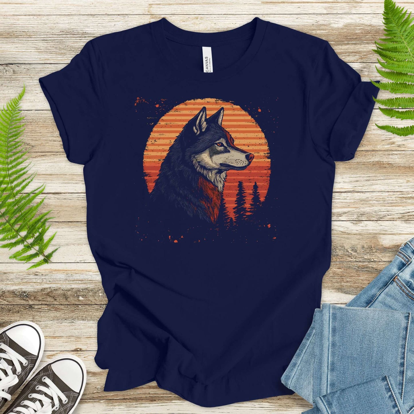 Retro Wolf & Forest Sunset T-Shirt