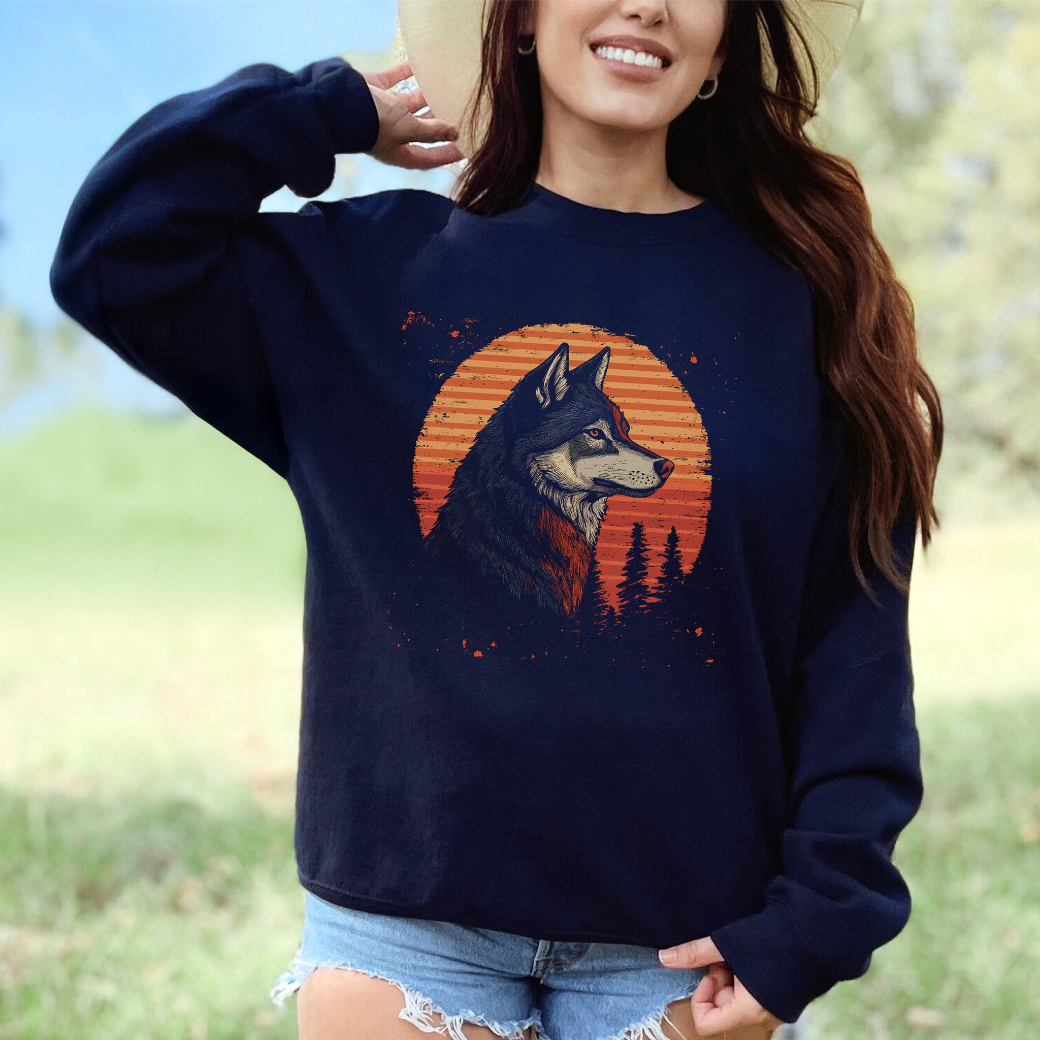 Retro Wolf Sweatshirt – Forest Sunset Spirit Animal with Vintage Vibes