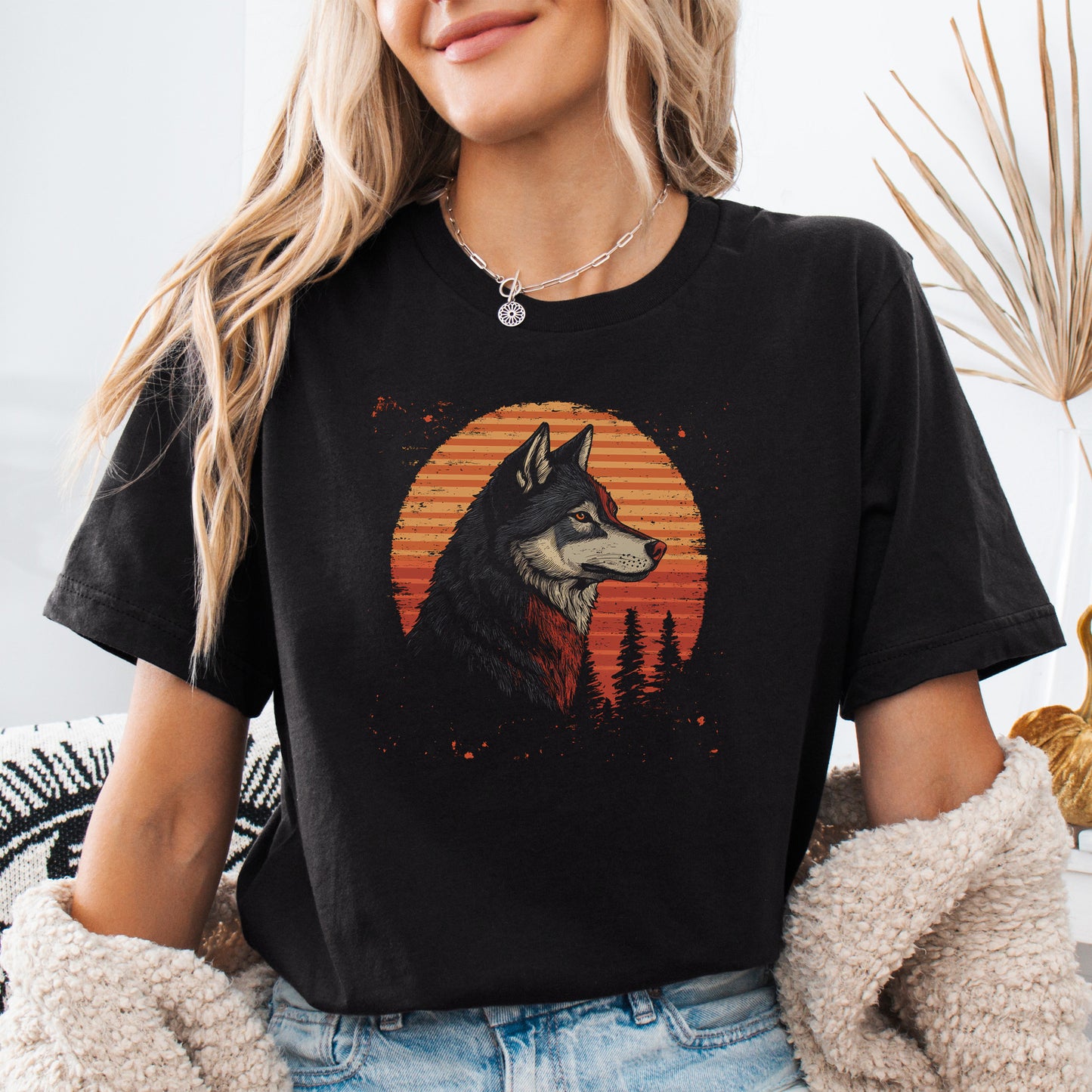Retro Wolf & Forest Sunset T-Shirt