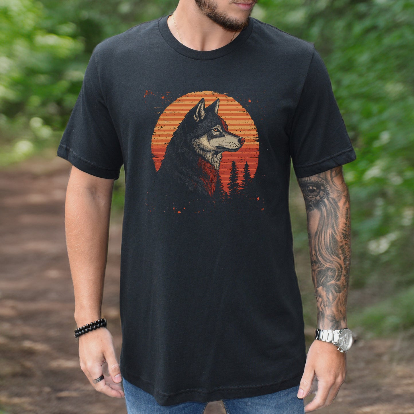 Retro Wolf & Forest Sunset T-Shirt