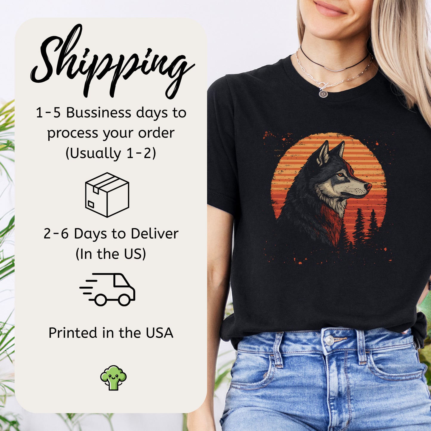 Retro Wolf & Forest Sunset T-Shirt