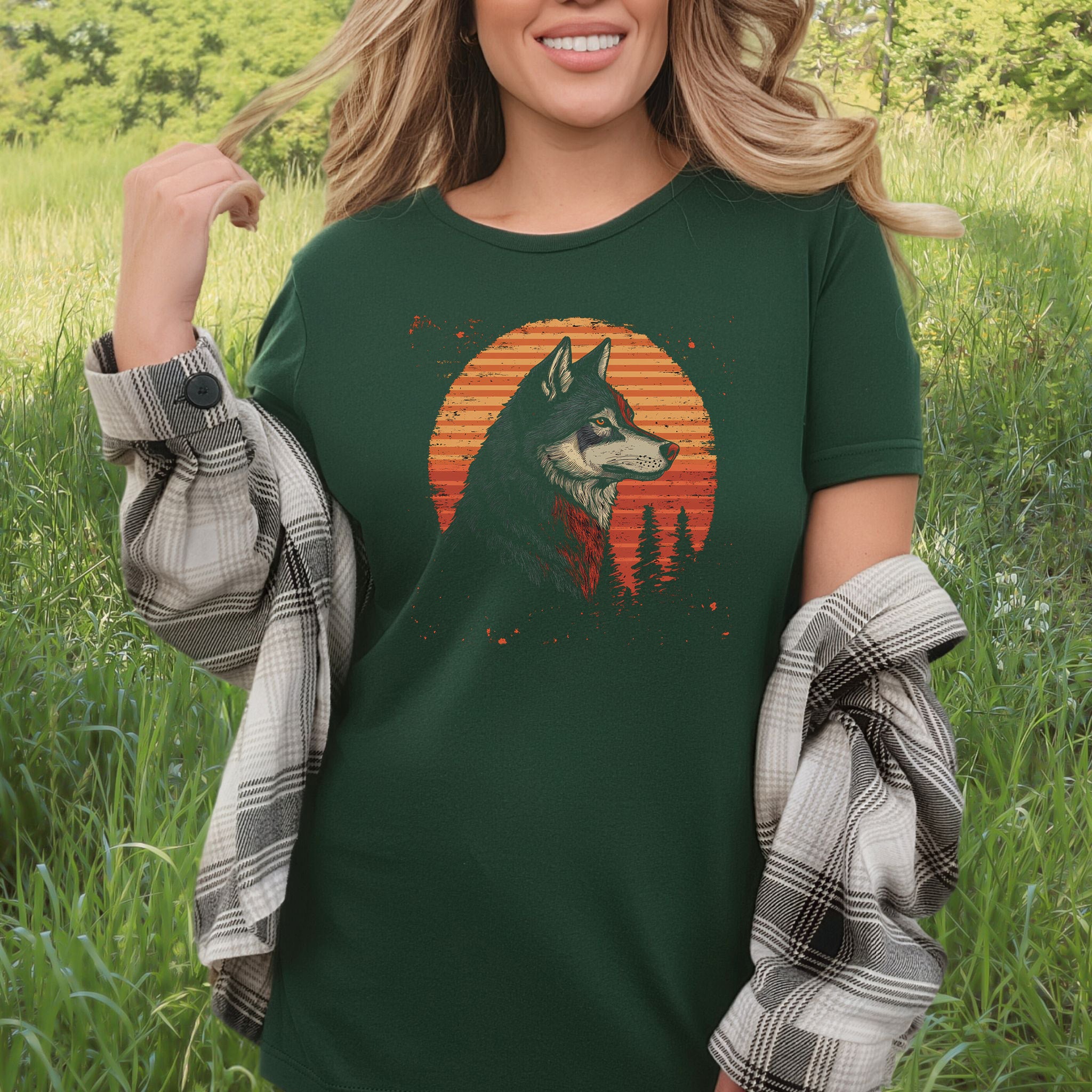 Retro Wolf & Forest Sunset T-Shirt