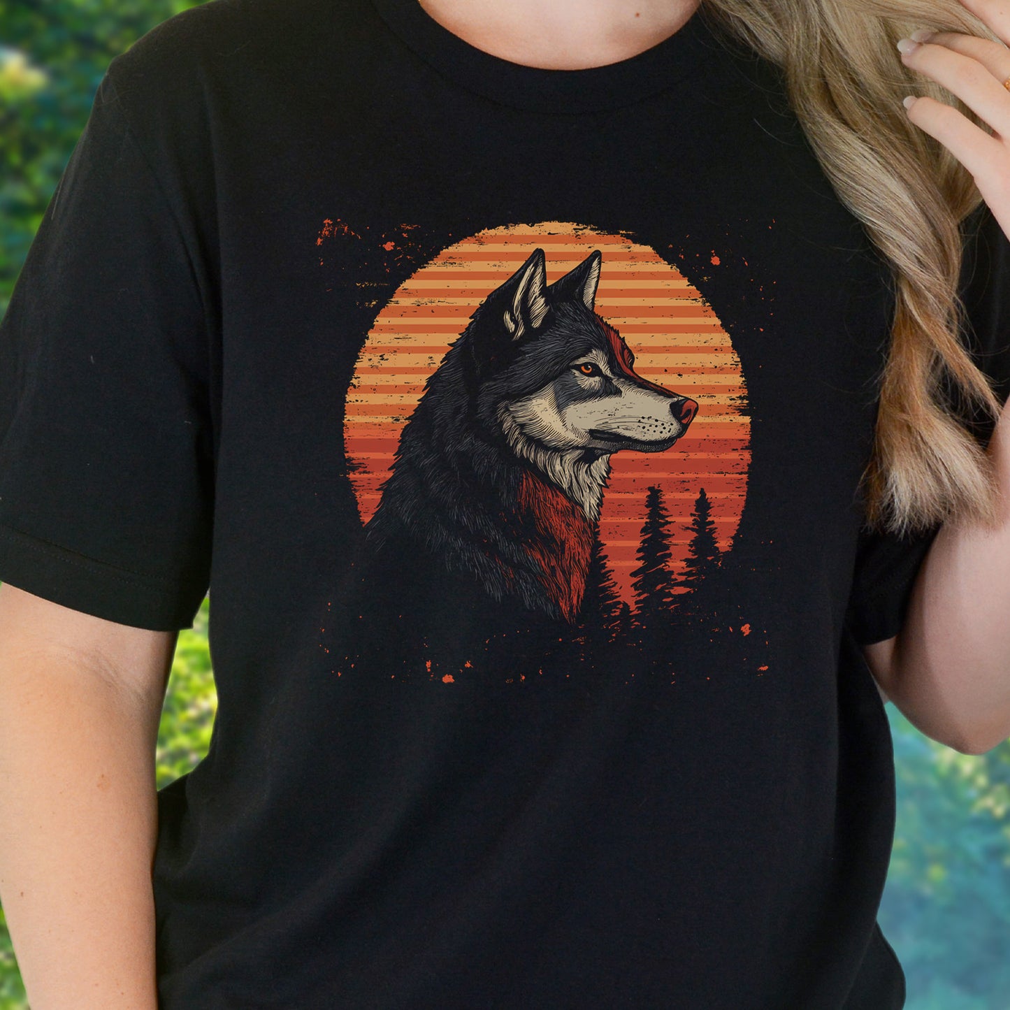 Retro Wolf & Forest Sunset T-Shirt