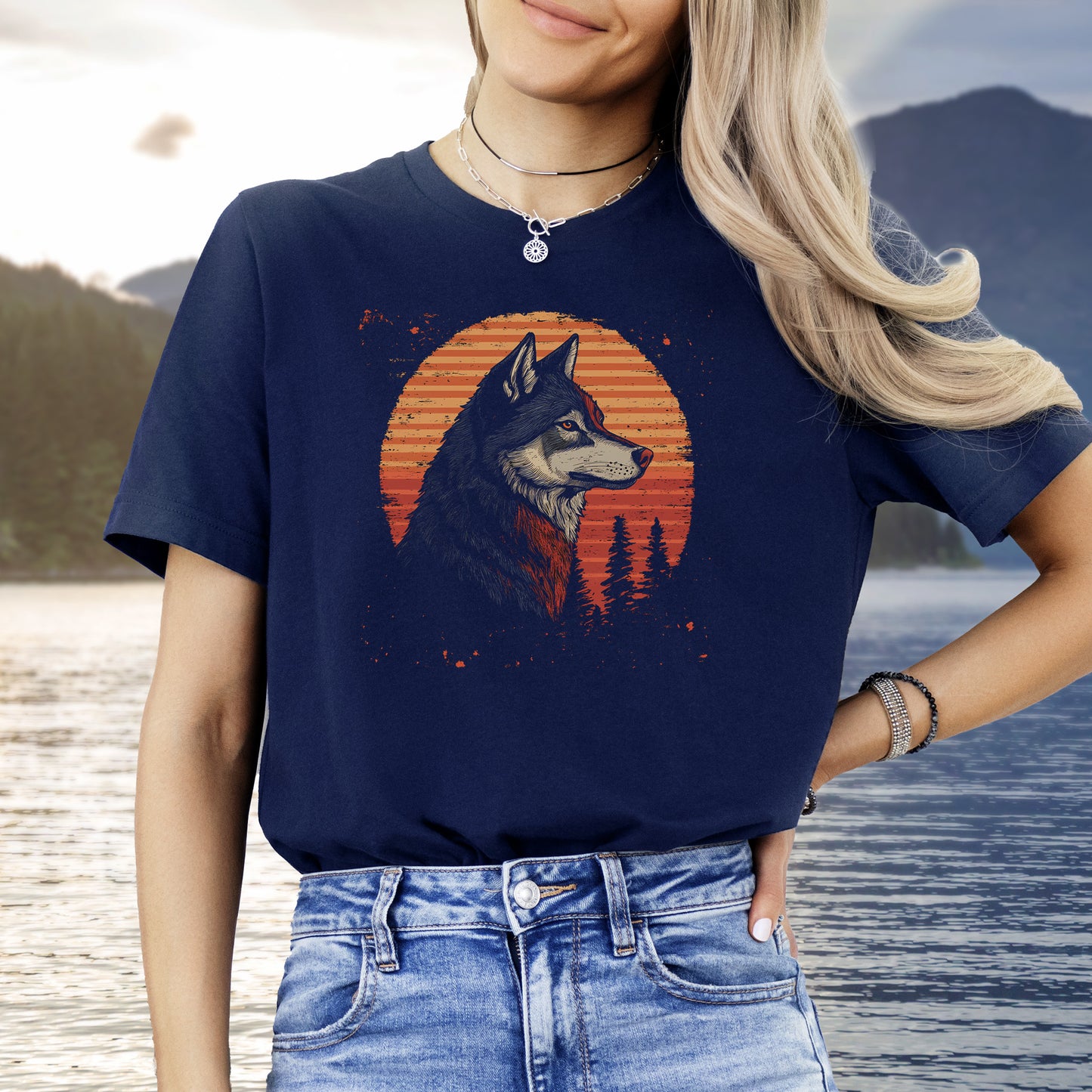 Retro Wolf & Forest Sunset T-Shirt