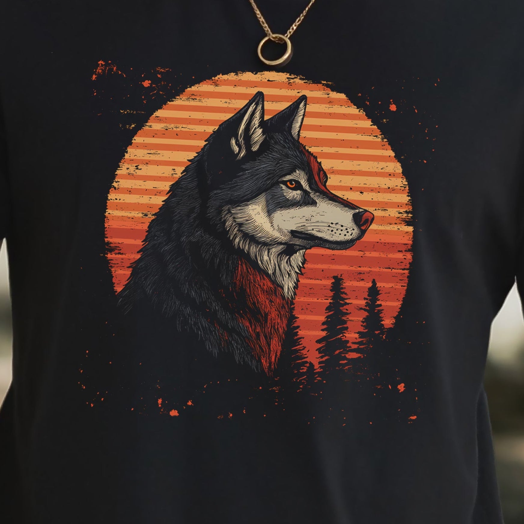 Retro Wolf & Forest Sunset T-Shirt