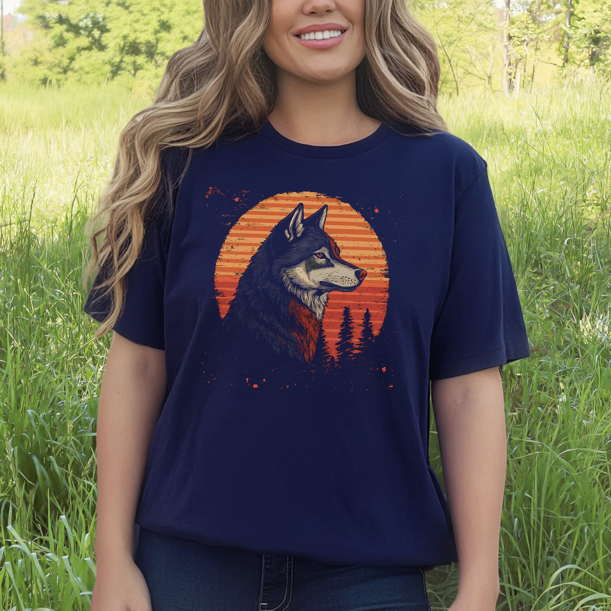 Retro Wolf & Forest Sunset T-Shirt
