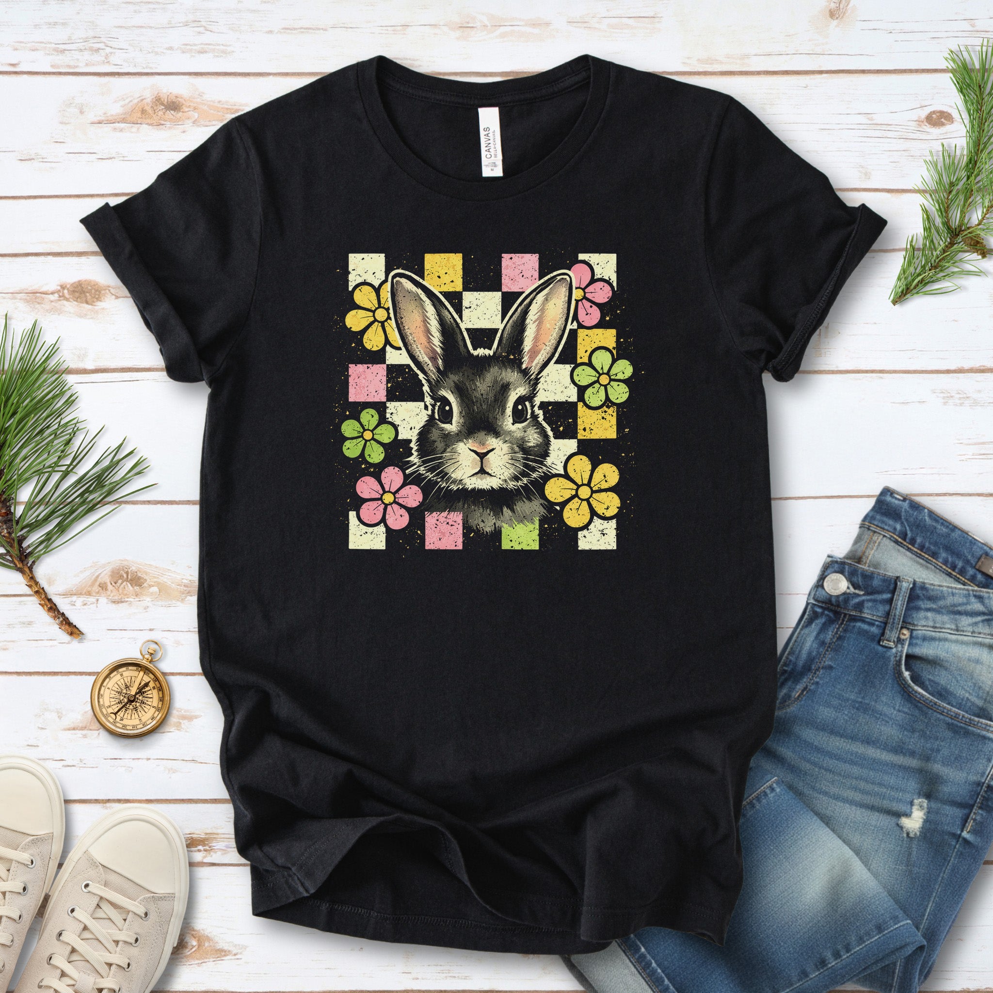 Retro Bunny Bloom T-Shirt Cute Floral Easter Rabbit Lover Gift