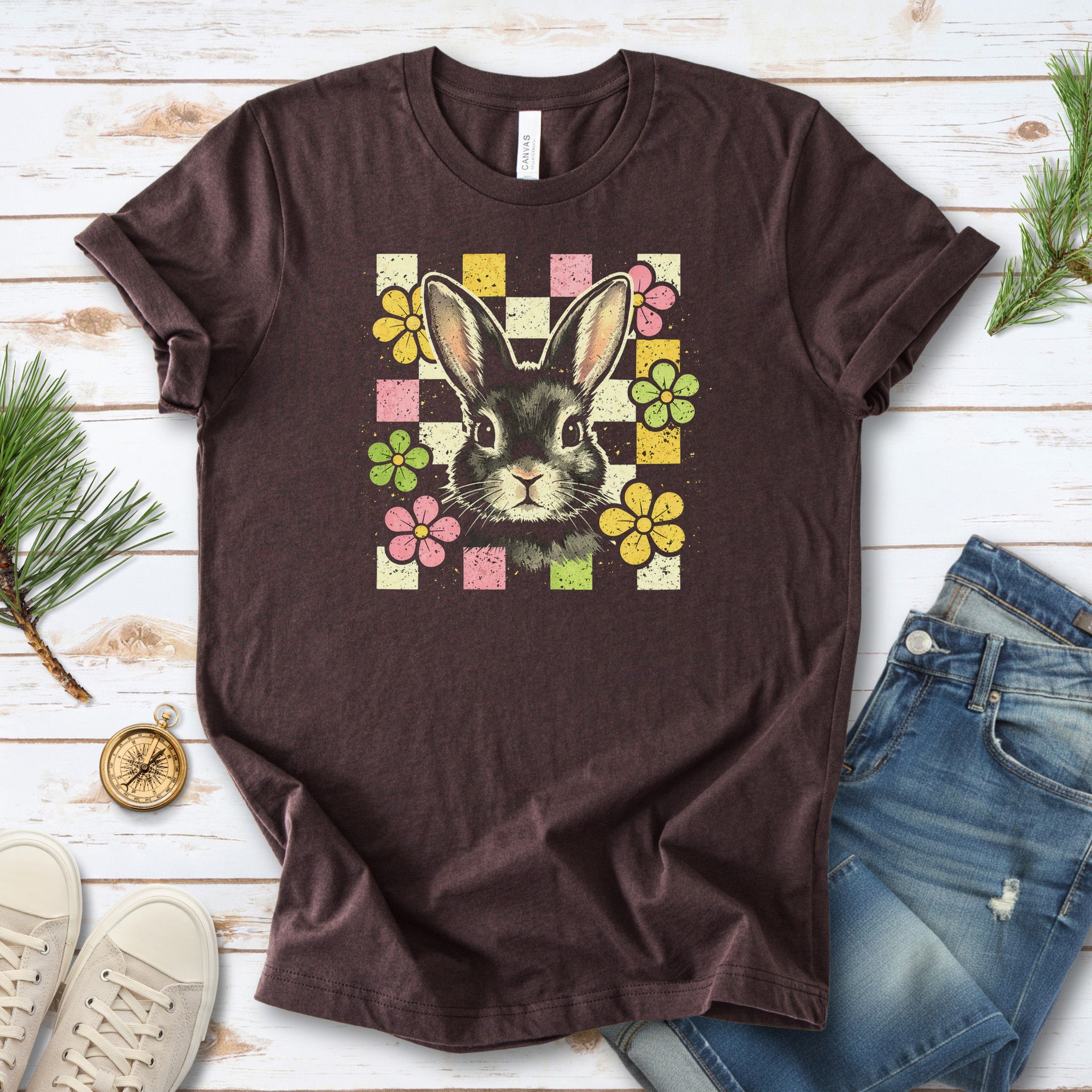 Retro Bunny Bloom T-Shirt Cute Floral Easter Rabbit Lover Gift