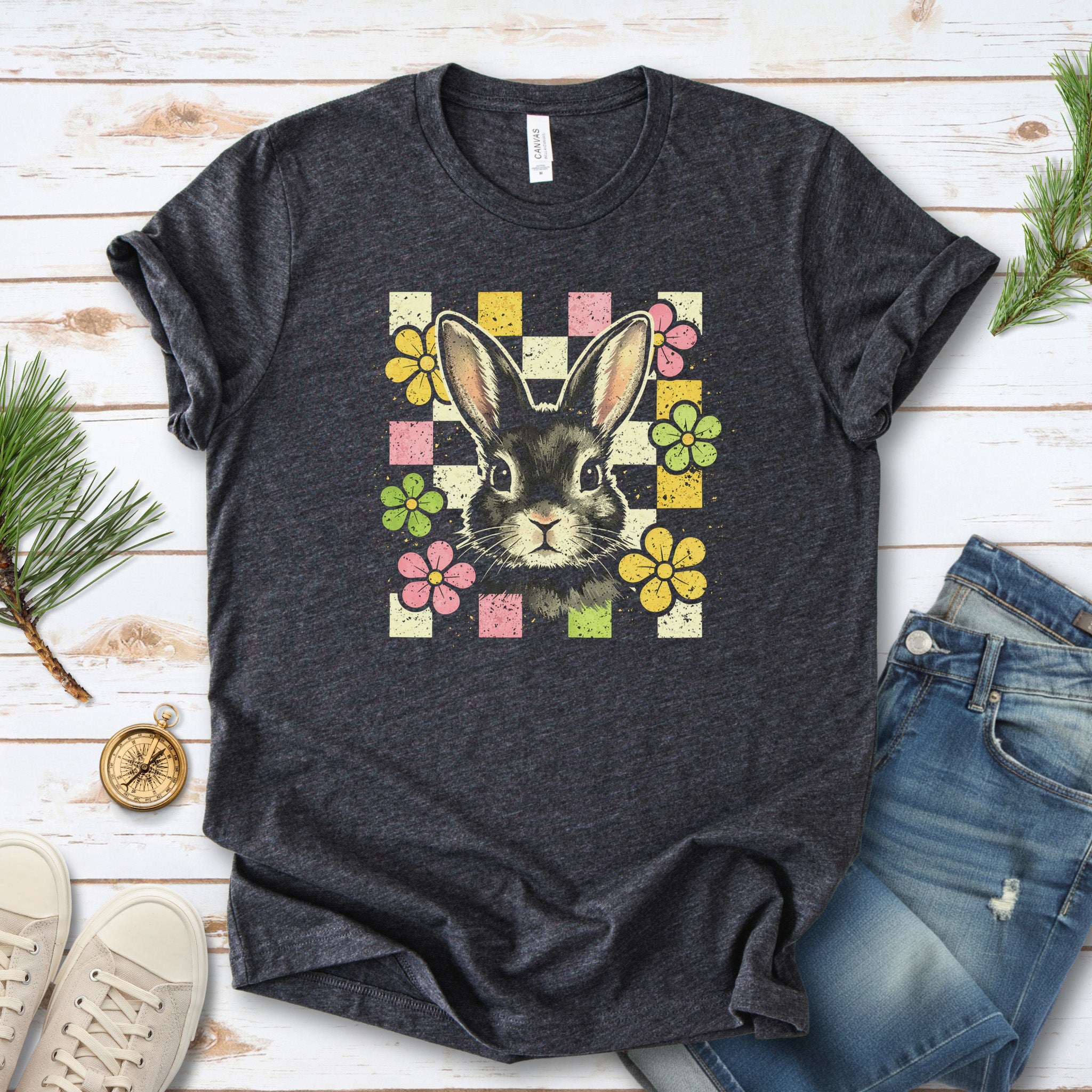 Retro Bunny Bloom T-Shirt Cute Floral Easter Rabbit Lover Gift