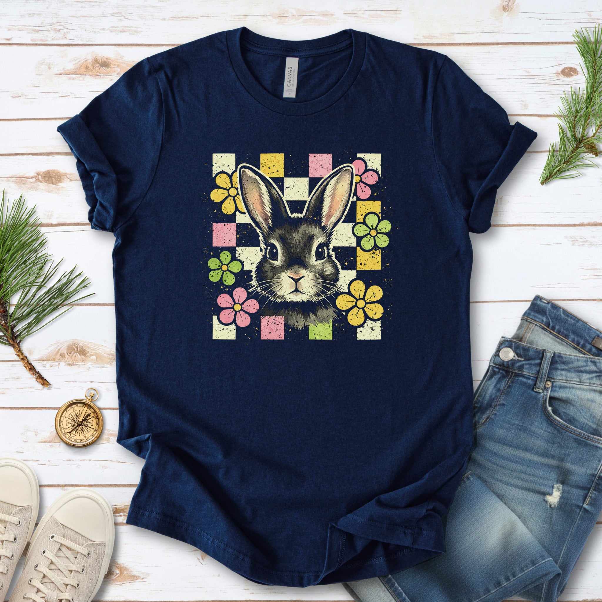 Retro Bunny Bloom T-Shirt Cute Floral Easter Rabbit Lover Gift